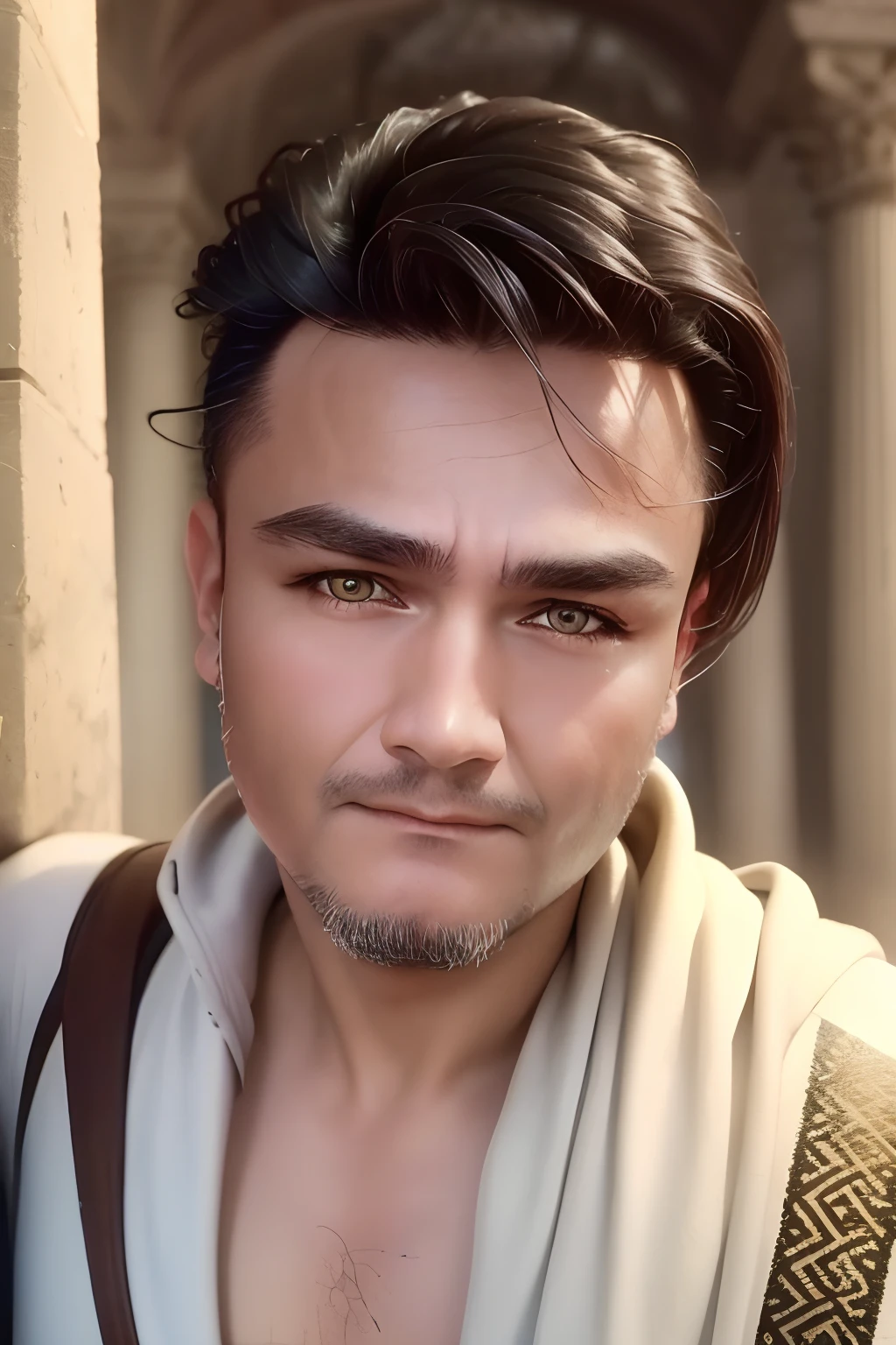 photography, model shot, man, with beard and short BRUNETTE hair, lawyer, in ancient rome, beautiful detailed eyes, professional award winning portrait photography, Zeiss 150mm f/2.8, highly detailed glossy eyes, high detailed skin, skin pores