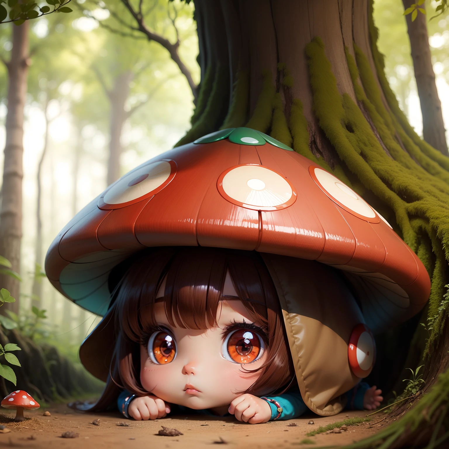 Cute brown skin baby chibi anime,Red mushrooms,the woods,Blue Snake,