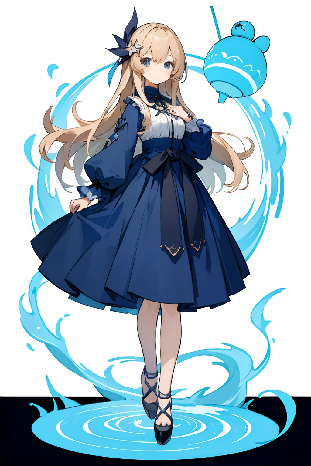 (Top quality illustrations:1.2)、(girl with:1.0)、(独奏:1.0)、(New design clothes:1.0)、(Long bangs:0.3)(Dress like a game character:1.0)、(The upper part of the body:1.0)、(ultra-detailliert) 、hight resolution、4K:1.0)、light cream hair、Unusual fashion、Clothing of game characters、Great design、length hair、Fashionable hair ornaments、New design、A long piece of cloth sticks to the waist、Star Design、Wear a clear cloth、Smile quietly、Lots of dark blue、Dark blue clothes、White skirt、beautful view、masuter piece、1girl in