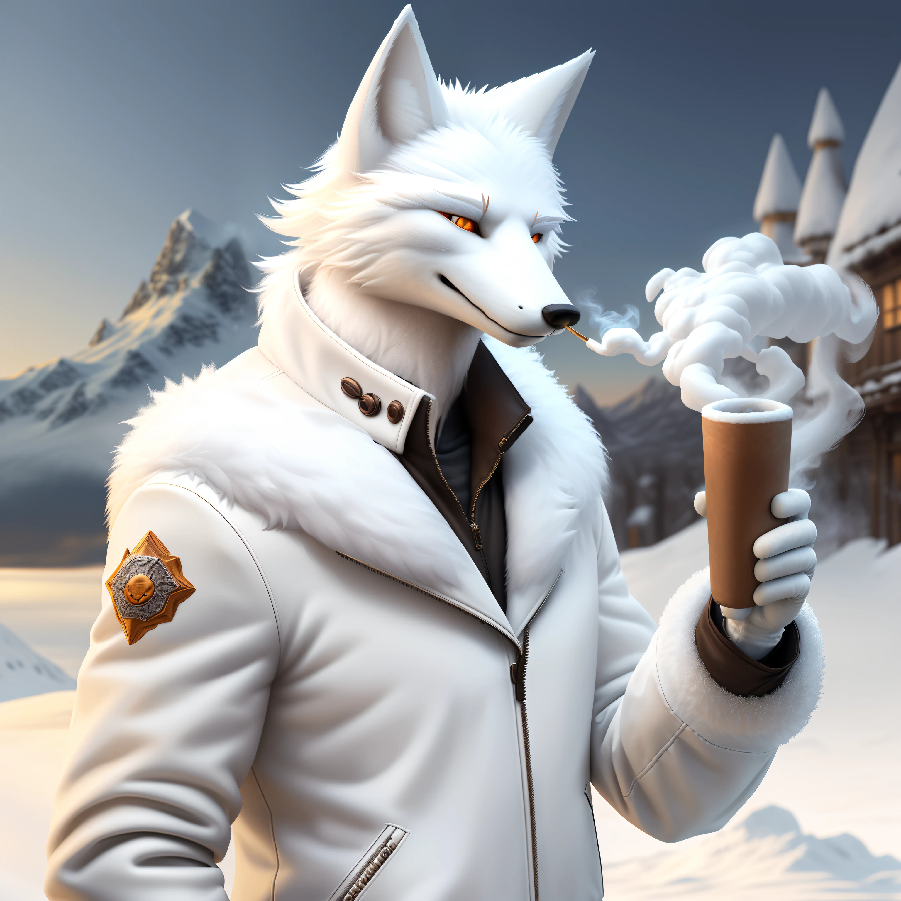 ((Realistic)), ((Detailed)), illustration, Scene perspective (Scenic setting), Character appearance (White fur fox head and humanoid body, Wear a smooth coat, It rings while smoking a cigar on a snowy morning, solo male, Homem-Imponente), Background element (Snowfields in winter).