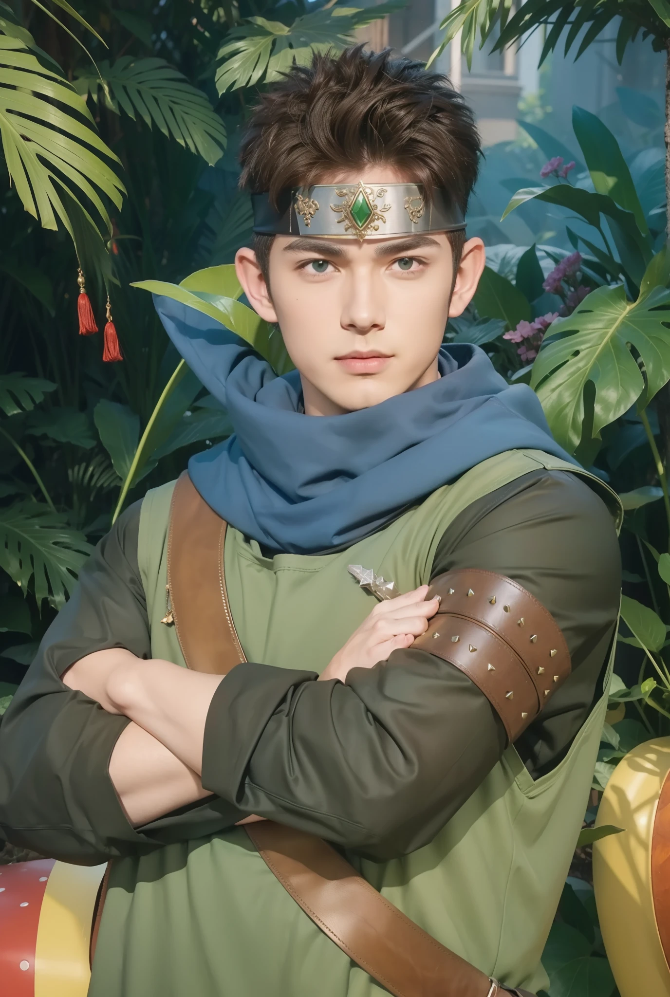 Real life adaption of this character, handsome man, real spiky brown hair , realistic outfit wearing thick green vest, realistic light, realistic shadow, hyper realistic, realism,(photorealistic:1.2),wear black headband with metal plate In the middle