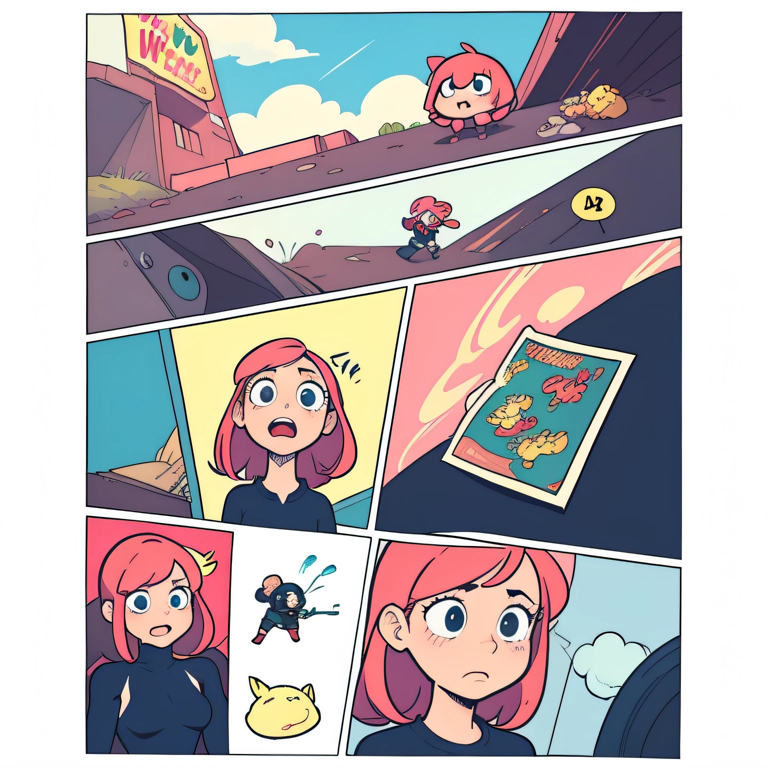 comic, gentle, illustration, vibrant colors, playful characters, dynamic poses, detailed backgrounds, expressive facial expressions, speech bubbles, action lines, comic book style, soft lines, humorous narrative, whimsical tone