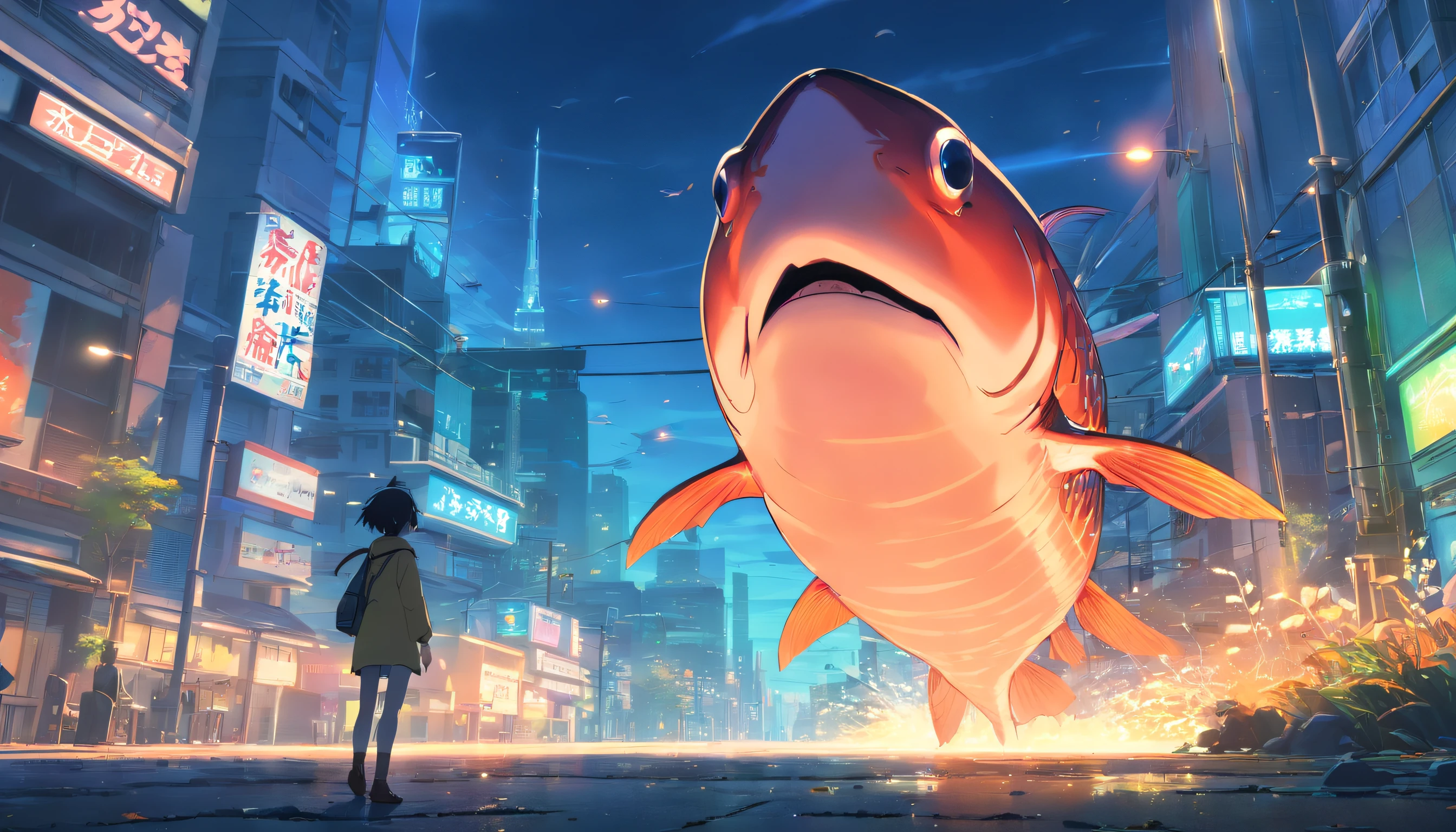 Best Quality, masutepiece, Ultra-high resolution, Super huge and violent (Anthropomorphic fish) The Monster, Luminous Eyes, broken streets, Broken city, Gravel-covered ground, Broken sign, Japan Invaders, 8K, Natural light surreal science fiction scene, From the point of view of the lowest layer (light and shadow effect),(depth of field effect),(Tyndale),(Optical particle tracking),(nffsw),(Horror Movie Lighting Visual Effects),(Volumetric lighting),(Bright colors),