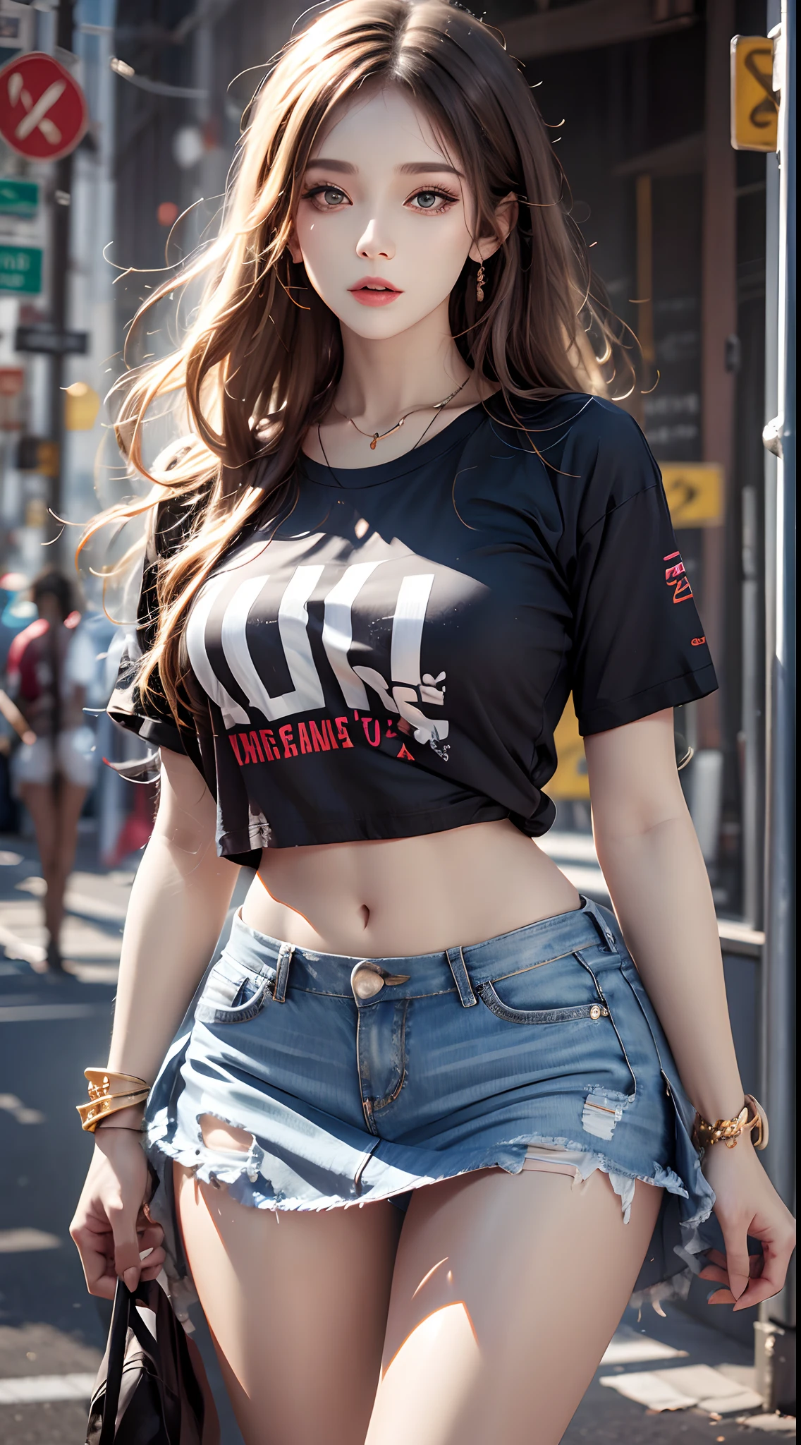 photorealistic, high resolution, 1women, mature female, solo, hips up, jewelry, wavy hair, long hair, street wear, t-shirt, skirt