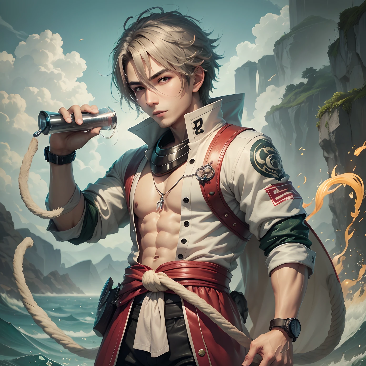 (max resolution: 1.2), (Ultra HDTV: 1.2), 8K resolution, Eye and skin details, face details, , (Sharp focus: 1.2), (Precise focus) sharp face: 1.2), Standing boy, Short hair, White hair, Shirtless, Exposed chest muscles, Six pack abs, transparent white briefs, Summer, Sea water, Coconut trees, Blue sky, White clouds, Light Sun, Table made of water
