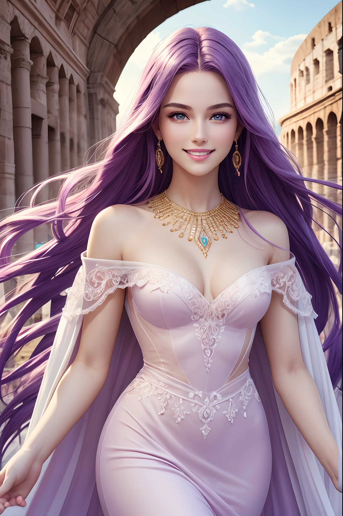 Illustration of a beautiful, delicate full-body layout of a 20-year-old woman: with a golden ratio face, a perfect body and a cheerful expression, a happy smile combined with white teeth attracts all eyes. look, long purple hair, pink lips, diamond jewelry, evening gown, displayed in 8K resolution with super fine detail, white skin in every detail with perfect beauty. eyes looking out, the Colosseum landscape.