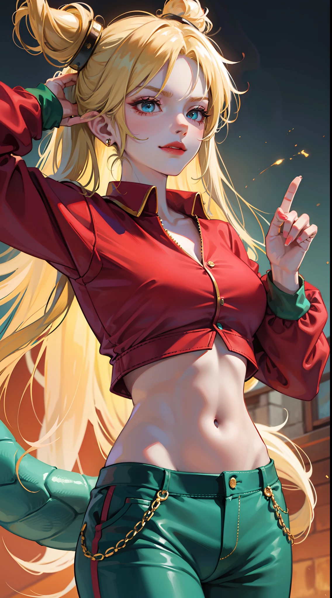 young girl, long blonde hair, barrette, turquoise eyes, dragon tattoo, dragon horns, red tight shirt, Gold Elements, pants, open hips, claws, smirk, Masterpiece, hiquality, 4k, HD, Good detail