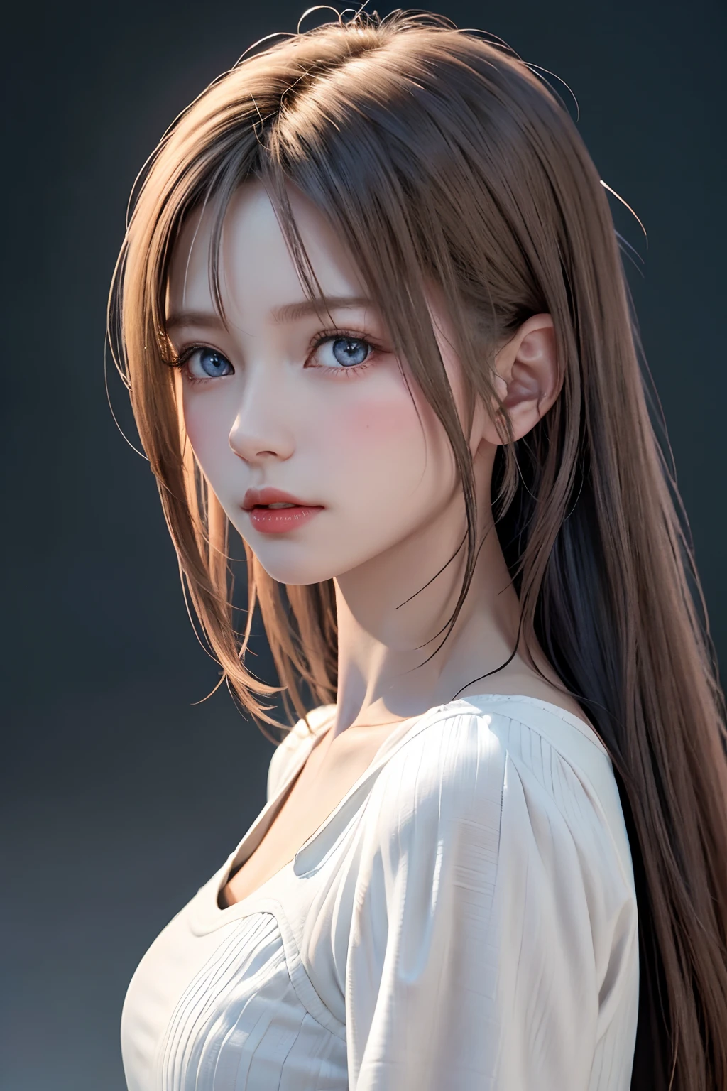 a 20-year-old woman, long blonde hair, blue eyes, dark theme, soft tones, soft colors, high contrast, (natural skin texture, hyperrealism, soft, sharp light), blue background, simple background,