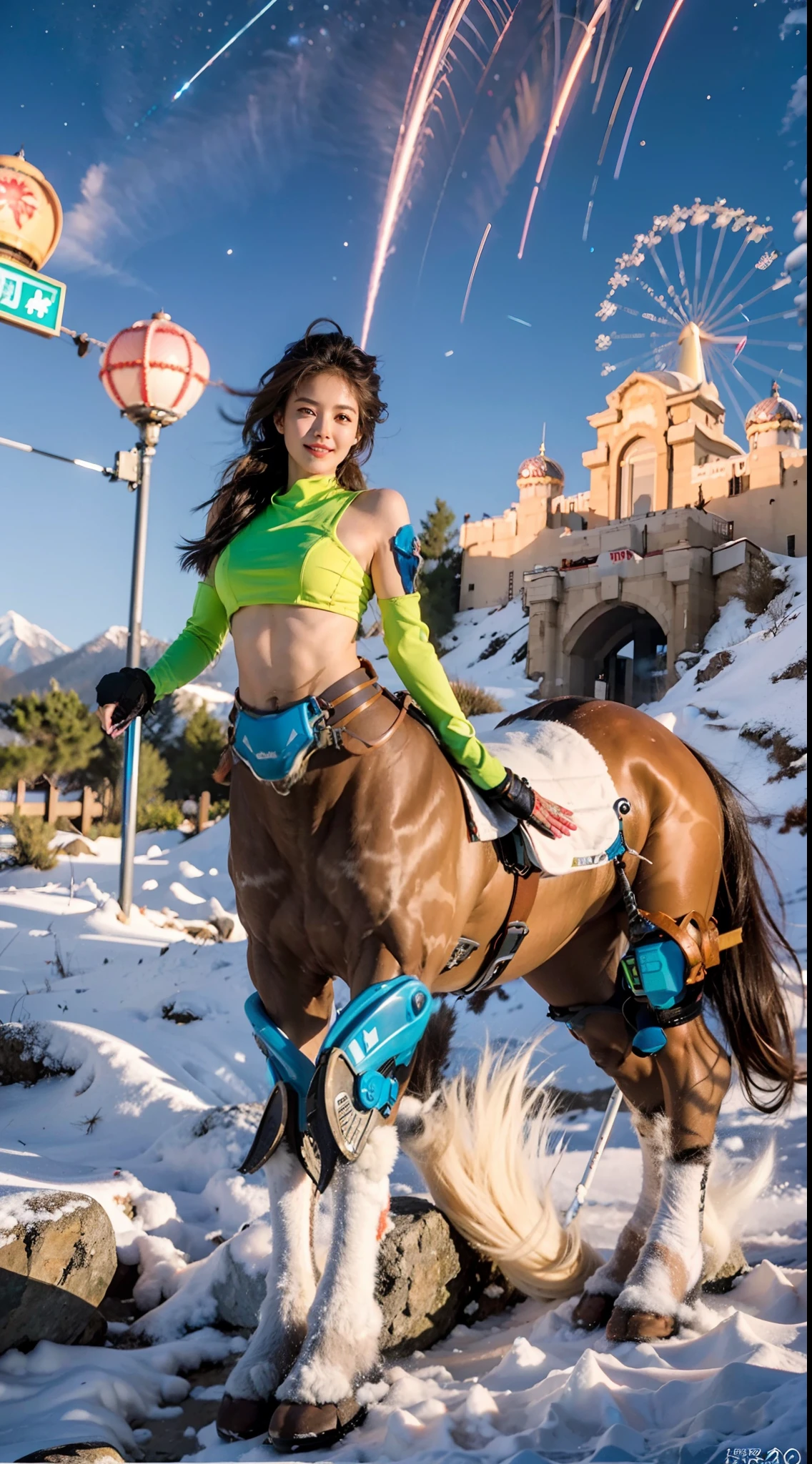 In a very grand scene,The extra-large wide-angle lens captures the appearance of a female centaur。(She is traveling through the stars:9.9),She is tall,It has the ultimate curvy beauty,The muscles are slender and firm,Beautiful lines。Her facial features are tough and coquettish,Always with a sunny smile。She wears special tight-fitting equipment with a strong sense of technology,Step on multifunctional off-road style heels,Delicate and practical protective gear is worn on the hands, feet, wrists, neck and shoulders。The detection equipment around you flashes various cue lights and neon-like information screens,Let her exude a charming brilliance。Use Midjourney's advanced tools,Design special tight-fitting equipment for female centaurs,Highlight her unique physiological characteristics and appearance details,Add realism。And in her adventure scene,Spectacular views of nature,Such as the sky where storms and sunny days alternate、Brilliant rivers of stars and auroras、The snow-capped summit of Mount Everest、Fireworks in the mountain town, etc。ao mesmo tempo,Away from the hustle and bustle of Long Beach Pier is a neon-lit spaceship docked,Create a fantastic scene。Use Midjourney's advanced tools and multiple color palettes、Brush Strokes、Texture tools and model packages,It shows a sense of atmosphere where beauty and charm coexist。The charm of the female centaur is highlighted through color and lines,Enhance realism with detailing,Create a surreal dreamy feeling。Additionally,Use Midjourney's tools to add a variety of extreme sports gear and cultural trinkets to the female centaur,Create intricate hairstyles and outfits,Give her a sense of premium。She never flinches,Regardless of the terrain,can respond quickly,Even the extreme geography and dangerous terrain of aliens cannot stop her。Use Midjourney's powerful tools,You can do it with incredible detail and beauty,Bring this ultra-grand and beautiful scene to life。Ultra-grand scenes,super wide shot, hdr,(真实感,Masterpiece quality,