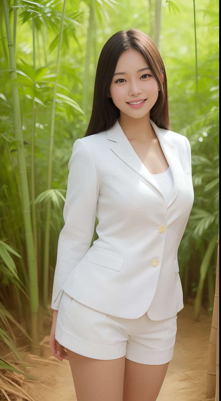 A smiling girl，While wearing a white Business suits，Super short blue denim shorts，Standing in a bamboo forest，com rosto detalhado，The eyes are delicate，The photo quality is the best，Realistic image quality，Background diffuse lighting，Depth of field display。