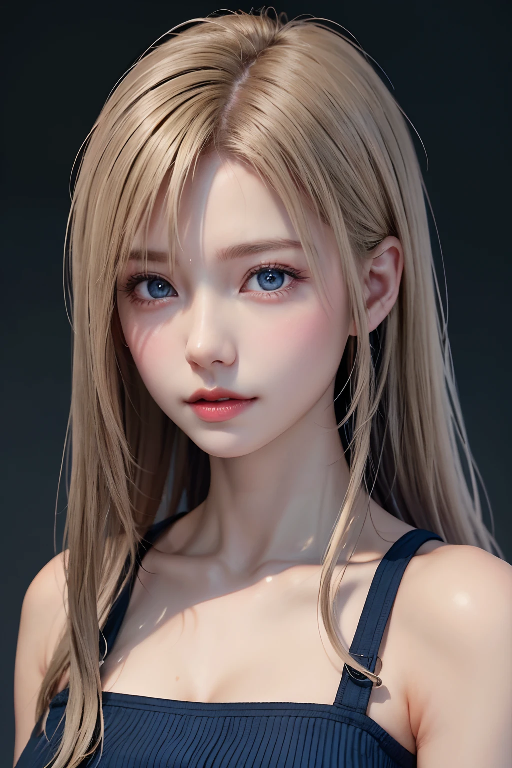 a 20-year-old woman, long blonde hair, blue eyes, dark theme, soft tones, soft colors, high contrast, (natural skin texture, hyperrealism, soft, sharp light), blue background, simple background,
