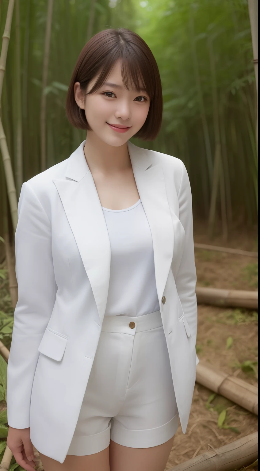 A smiling girl,While wearing a white Business suits,Super short blue denim shorts,Standing in a bamboo forest,com rosto detalhado,The eyes are delicate,The photo quality is the best,Realistic image quality,Background diffuse lighting,Depth of field display。