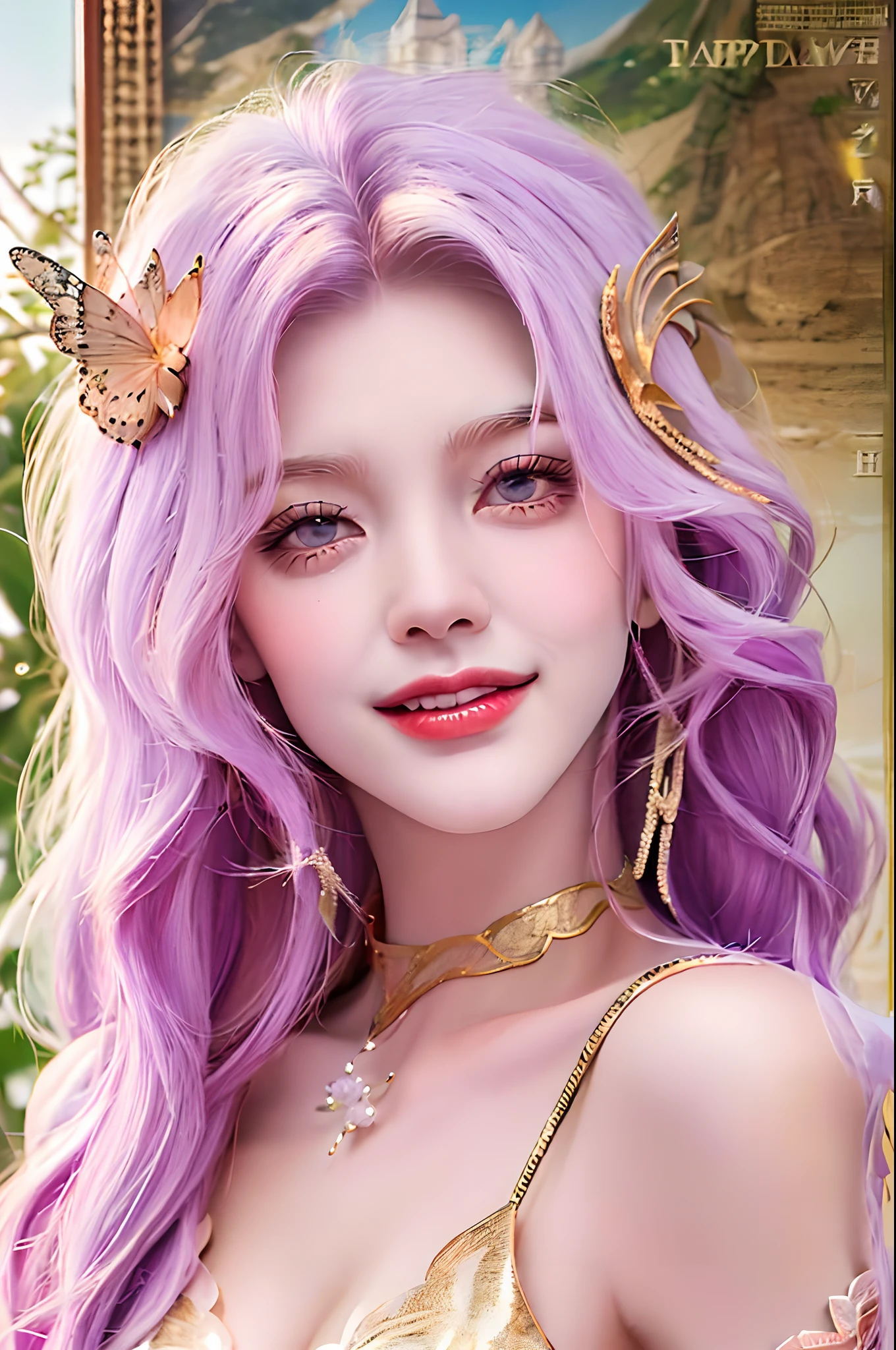 Illustration of a beautiful, delicate full-body layout of a 20-year-old woman: with a golden ratio face, a perfect body and a cheerful expression, a happy smile combined with white teeth attracts all eyes. look, long purple hair, pink lips, diamond jewelry, evening gown, displayed in 8K resolution with super fine detail, white skin in every detail with perfect beauty. eyes looking out, the Colosseum landscape, DreamShaper, Image Size19:6. --auto --s2