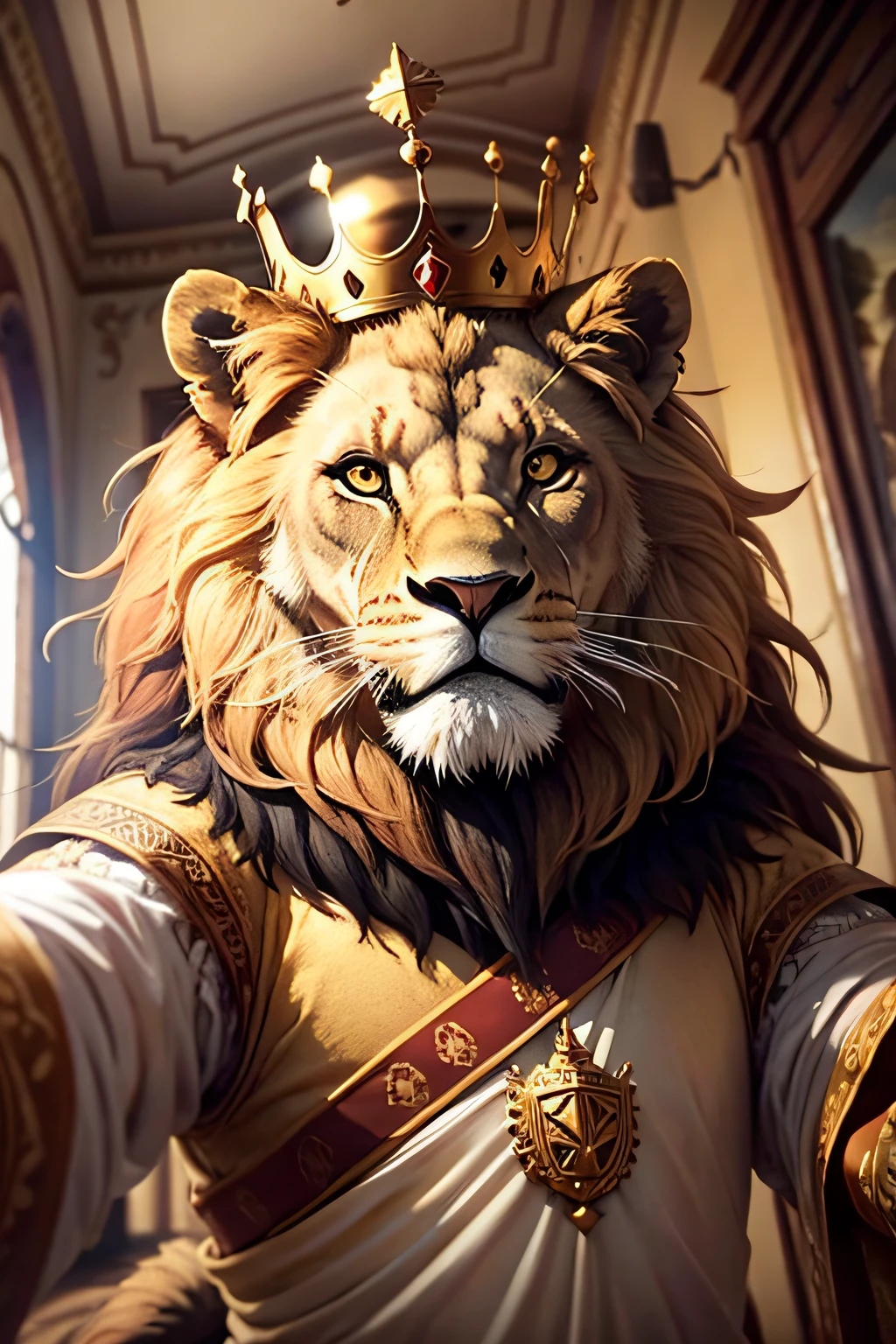 a lion with a crown making a selfie