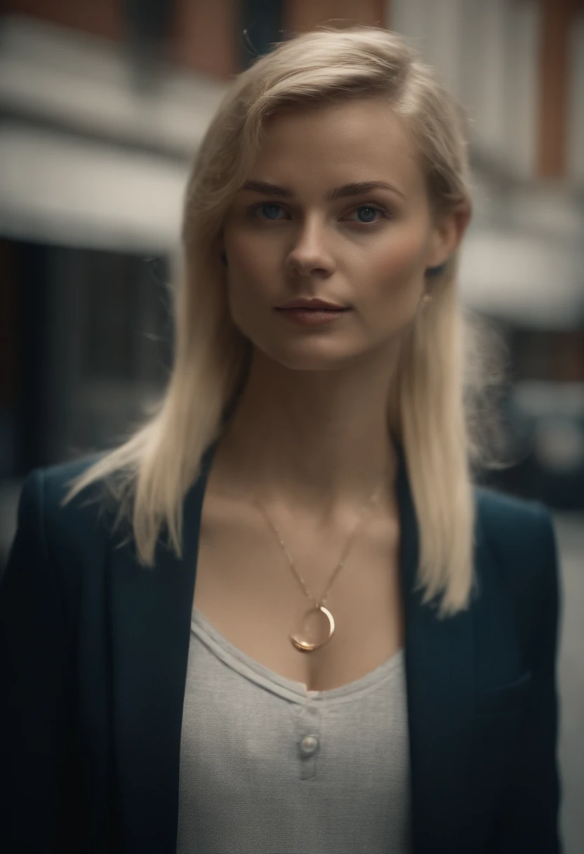 Slender, young, short blonde hair, blue eyes, in town, natural skin texture, 24mm, 4K textures, soft cinematic light, RAW photography, photorealistic, photorealistic, complex, elegant, highly detailed, sharp focus, (((cinematic look))), calm Tone, Insane Detail, Complex Detail, Ultra Detail, High Contrast, Soft Cinematic Light, Dim Colors, Exposure Blending, HDR, Faded, Cold, Waist Thin, Well-Proportioned, (8k, 4k, Top Quality, Hi-Res: 1.1), (Realistic, Photorealistic: 1.1), Girl 1 People, Twin Tails, Blonde Hair, Bangs, Long Hair, Necklace, Earrings, Lips, Eye Shadow, Jewelry, (Viewer Looking For: 1.8), Spaghetti Straps, Detail, High Contrast, from_side, srfc, stunning complex full color portrait, wearing business dress, spectacular character composition, sharp focus, natural light, sub-surface scatter, f2, 35mm, film grain, office board room desk