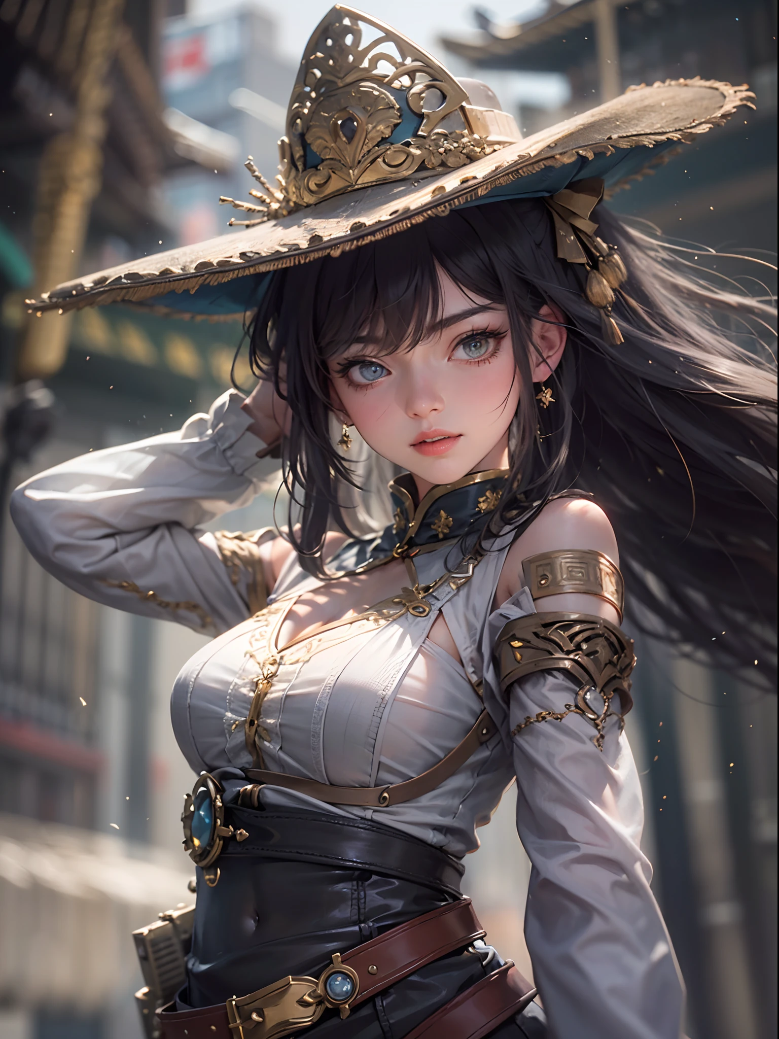 UHD, Masterpiece, High Quality, High Detail, Top Quality, Hi-Res, HD, 16k, 8k, 4K, Award-Winning BREAk, Realism, Depth of Field, Cinematic Lighting, Backlight, Symmetry, Bokeh, f/1.8, Eye Level Shot, 35mm, Hasselblad, Very Delicate and Beautiful, Very Detailed, Amazing, Fine Detail, Masterpiece, Best Quality, Official Art, Absurd, Incredibly ridiculous, Ultra detailed, High Definition, Very detailed, Beautiful cute girl, (Cowboy Shot: 1.25), Break, Hair behind the ears, Very detailed eyes and face, Beautiful detailed eyes, Face light, 18 years old, (black long straight hairstyle: 1.2), detailed hair, (slender: 1.15), perfect anatomy, perfect proportions, (Ancient Chinese city background: 1.25), detailed background, (looking at the viewer, facing the viewer: 1.15), ((seductive model pose)), (((dynamic pose))), cinematic lighting, NSFW