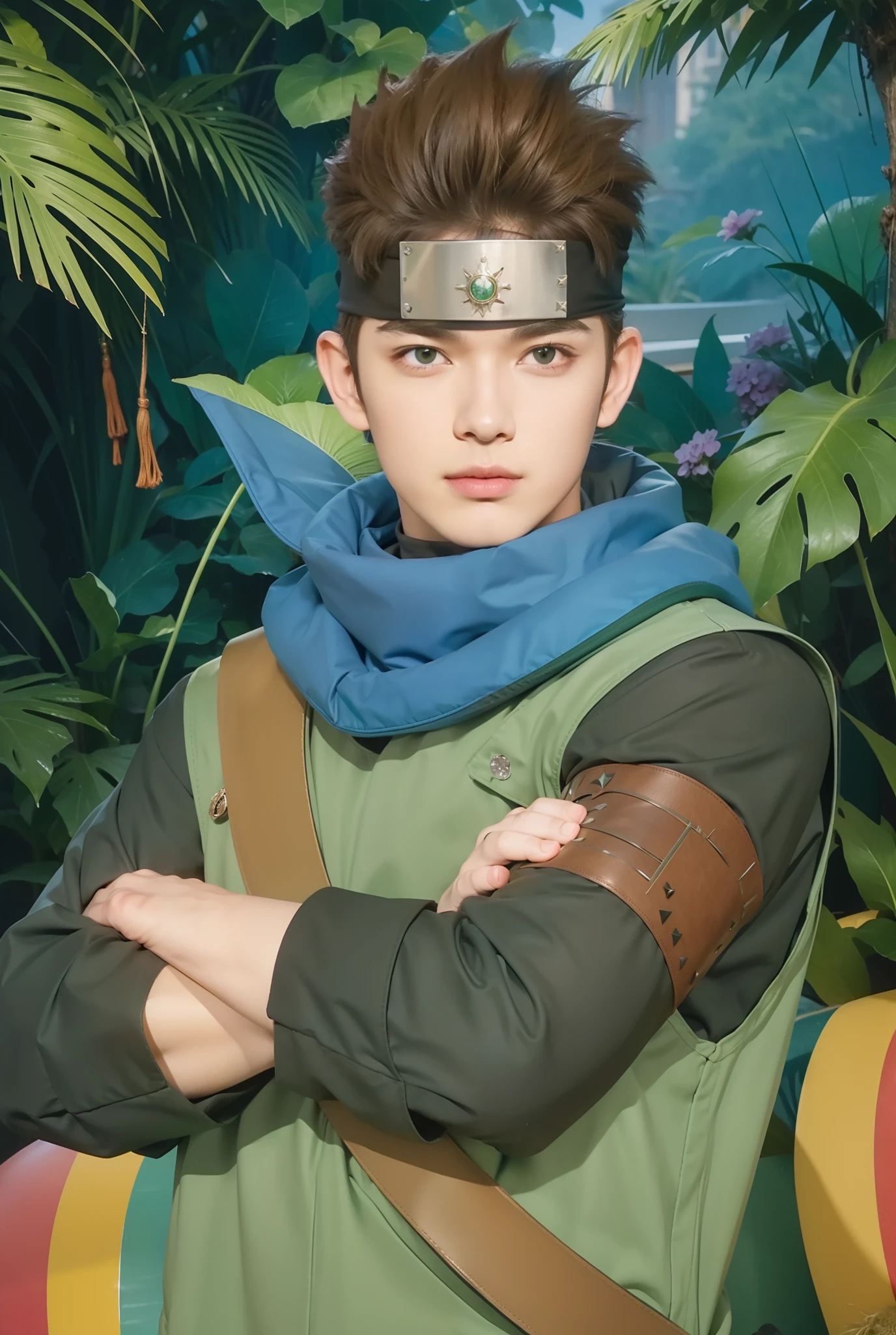 Real life adaption of this character, handsome man, real spiky brown hair , realistic outfit wearing thick green vest, realistic light, realistic shadow, hyper realistic, realism,(photorealistic:1.2),wear black headband with metal plate In the middle
