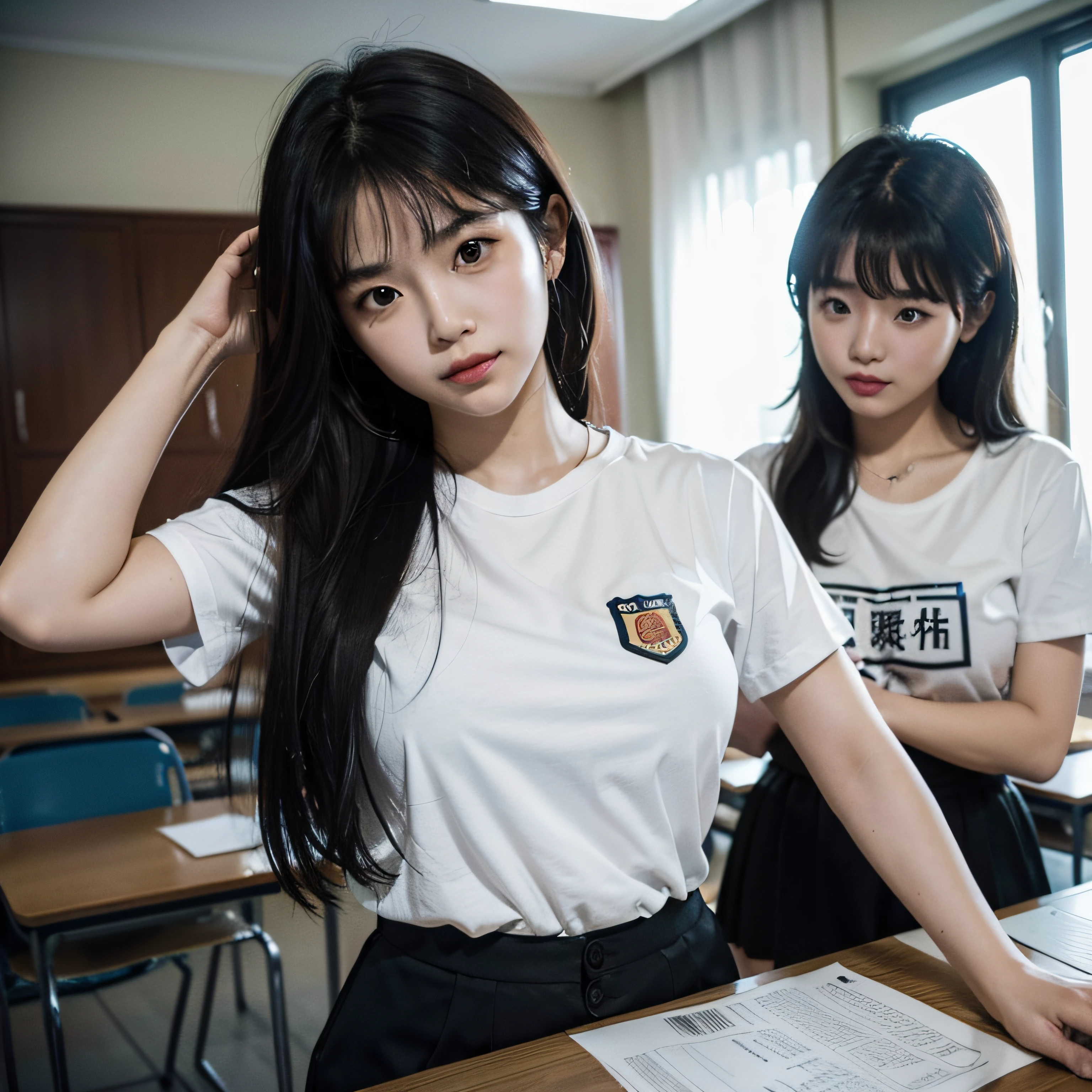 at noon, In the classroom, Two female proctors came into the classroom, Hold a top-secret file bag, Two female directors in white t-shirts and short black hair, This female supervisor looked at the camera, The lens mainly featured the upper body, In the Loff art style ((Xinhai City), popular in CGSTATION, Xinhaicheng H 2160, inspired by Bian Shoumin, Hsin-hai-chen-hsien, Kabashi, Gwitz style, high quality photograph, 4K, 8K, resolution,