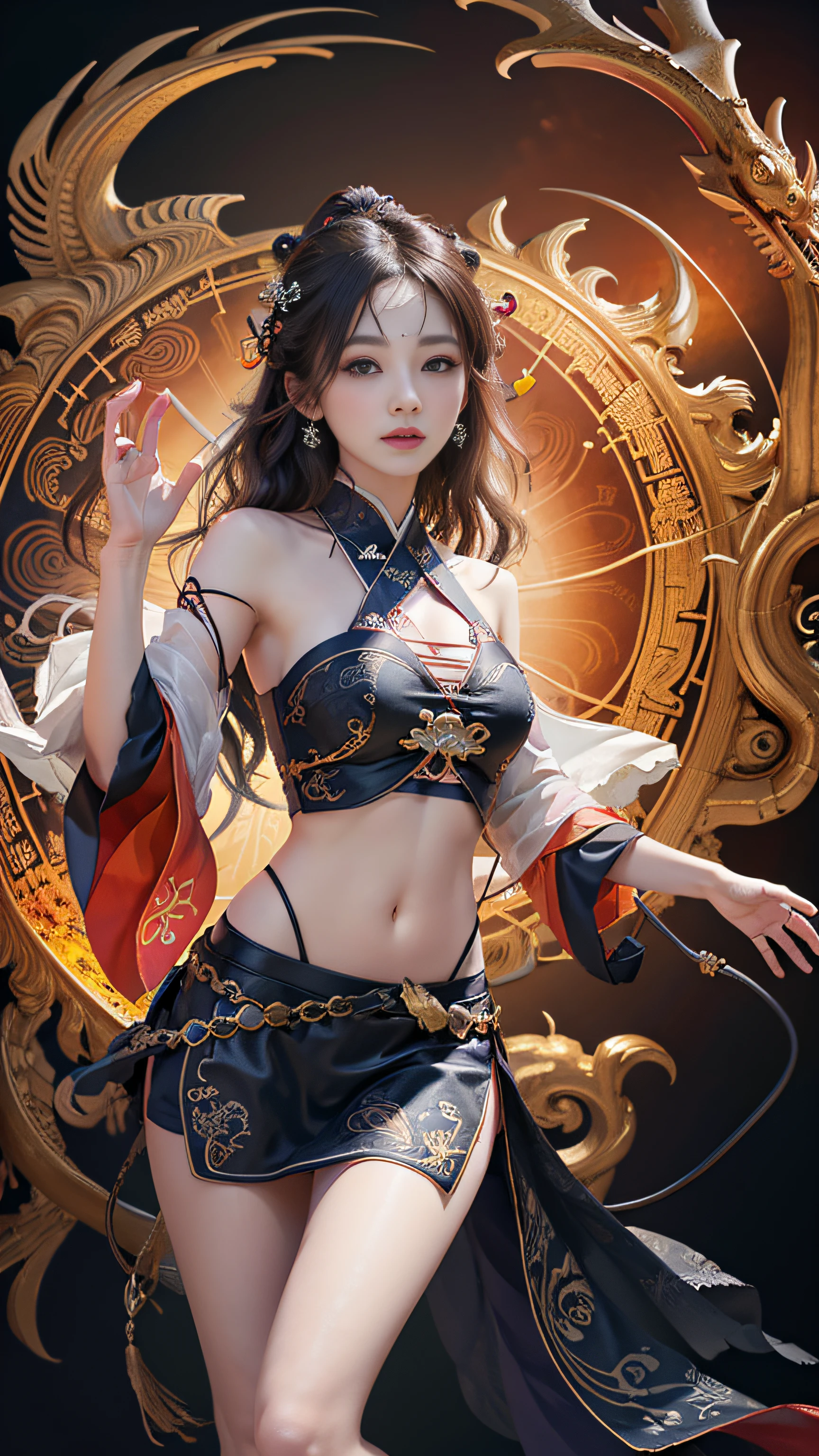 Official Art, Unified 8K Wallpapers, Ultra Detailed, Beautiful and Aesthetic, Masterpiece, Best Quality, (Zentangle, Tangle, Entangle), (fractal art: 1.4), (character center: 1.3), 1girl, black hair, Chinese, off-the-shoulders, short skirt, calf, navel, very detailed, dynamic angle, cowboyshot, (most beautiful form of chaos), ethereal, (bright colors), oc, (half: 1.2), china, (thangka flying sky: 1.5), (ribbon: 1.3), (dream: 1.5), (hanfu: 1.5), Chinese dragon, Chinese phoenix, (smile: 0.5), ( Chinese deities),