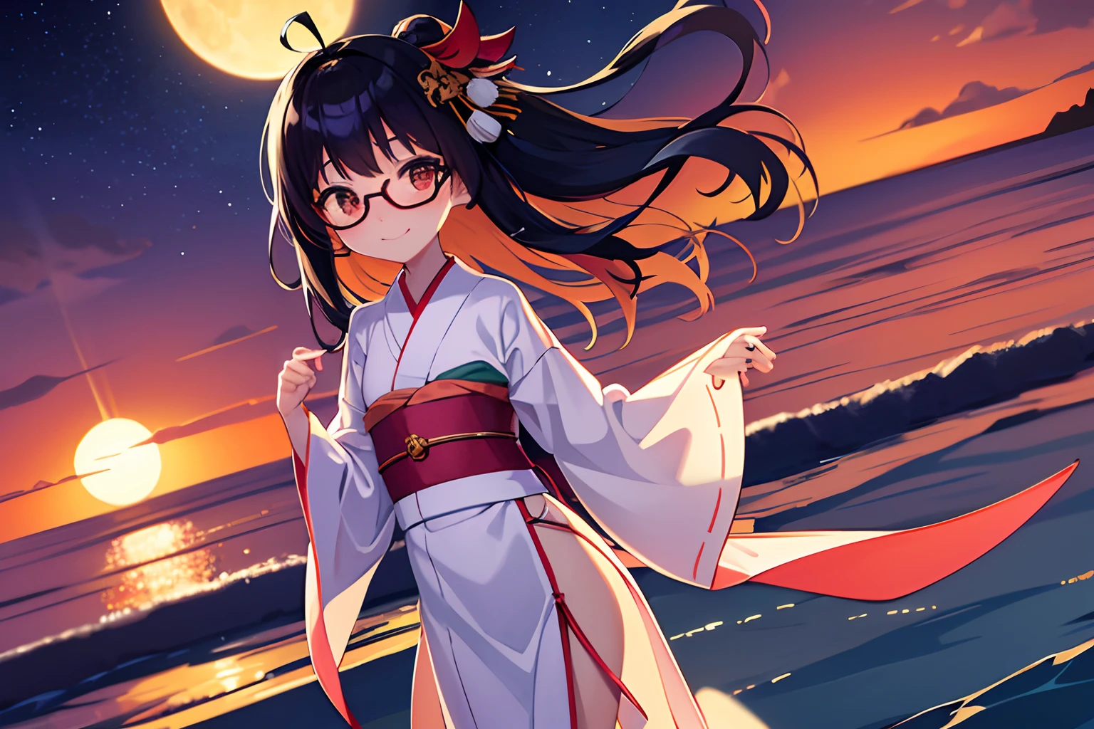 fullbody, fromside, onsen, sunset/twilightsky, megami magazine, loli / little girl, petite, lightsmile, embarrassed, medium breasts, yukata, kimono/japaneseclothes, black hair, hair behind ear, floating hair, shiny hair, nihongami, lone nape hair, x hair ornament, rimless eyewear, 4K, textured skin, super detail, award winning