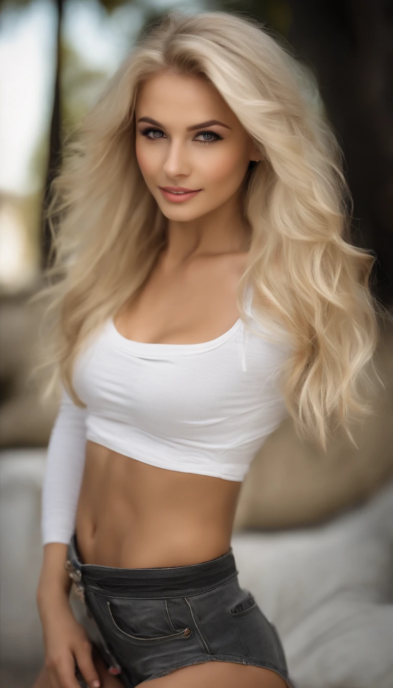 professional, (4k-photo:1.1) By (JeremyLipking:0.3), (Dietman Anna:0.3), (arian mark:0.3), (Sharp focus:1.3), High detail, Wearing (Low-top shirts:1.2), Beautiful detailed face, browneyes, Long blonde hair, (Attractive young woman:1.3), (Seductive:1.1), (Blushing:1.1), Hourglass body type, great circle, Wide buttock, blonde goddess, tight costume, tight attire, seductive grin smile, Pretty face, Perfect white haired girl, satisfied pose, cute seductive smile, beautiful blonde girl, Good young girl, Beautiful angle, Attractive pose, Cute girl, Sexy pose, gorgeous blonde, Full body picture, full bodyesbian, full body shot of, Wearing a black skirt and boots