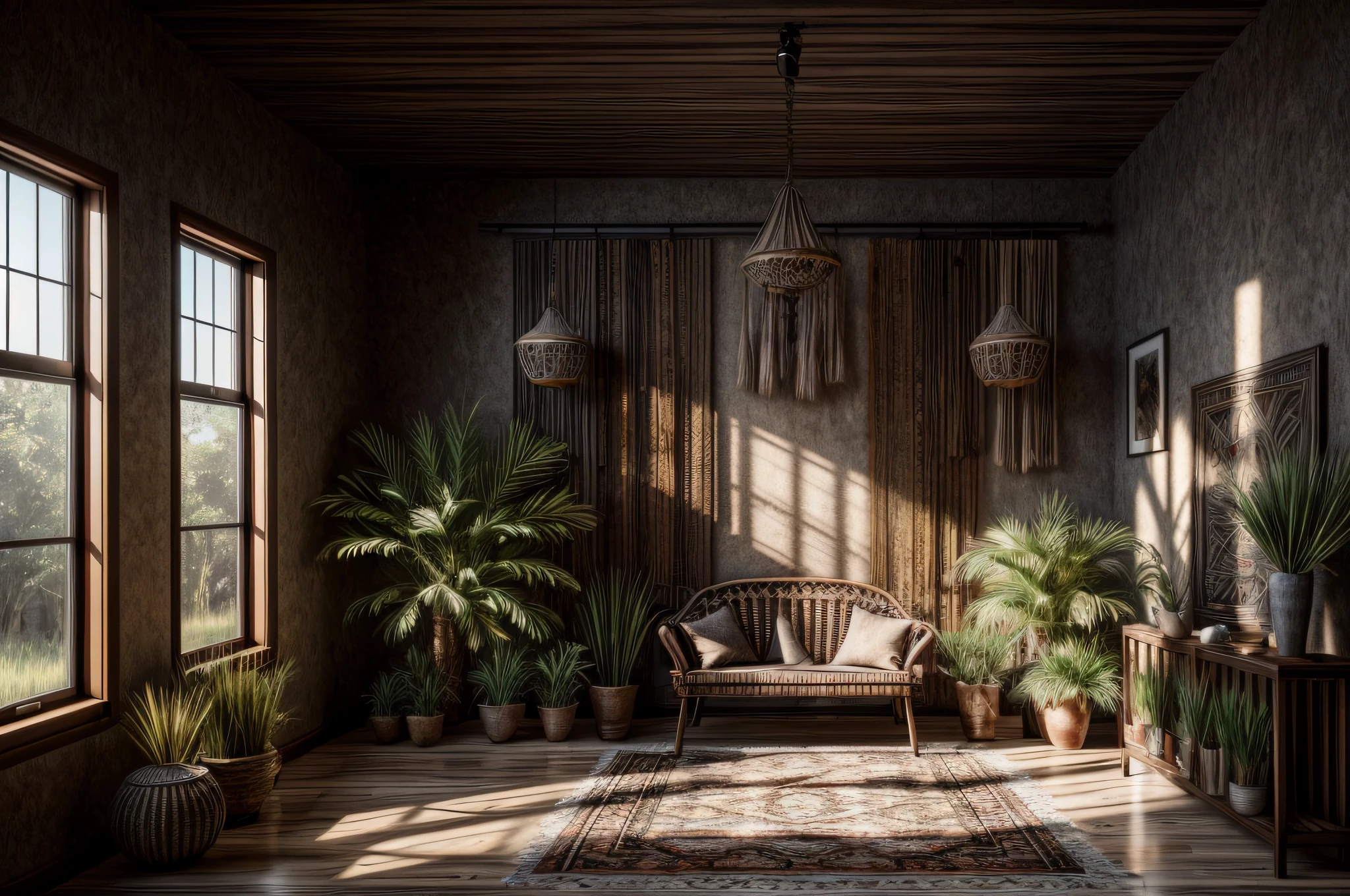 Colorful photo studio background in brown tones, backlit, edge light, gray color tones textured background cinematic lighting, 8k, hyper realistic, boho interior, grass and reed decorations, boho interior, ((dark tones color) ), Watercolor, trending on artstation, sharp focus, studio photography, intricate details, highly detailed, by greg rutkowski