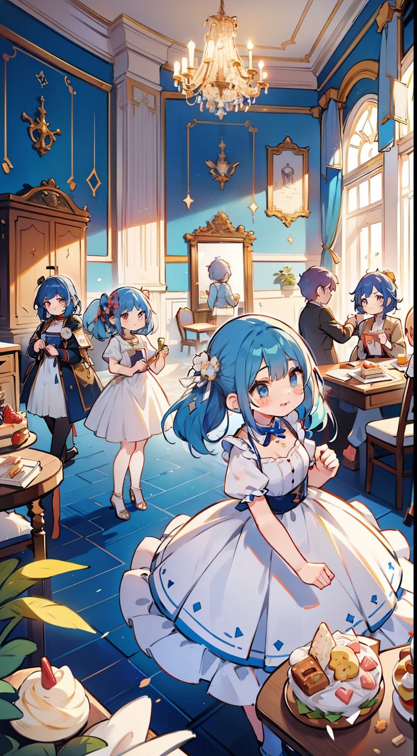 Multiple people gather at the party venue々. Multi-person party venues. Lined with crackers and cakes. ((The blue-haired girl in it is the main character、There are multiple people around it)). Decorated in a very luxurious room.. There is the word 100 at the top of the room.. Girls wear dress code to celebrate party. Looks fun. Colorful. high-level image quality.