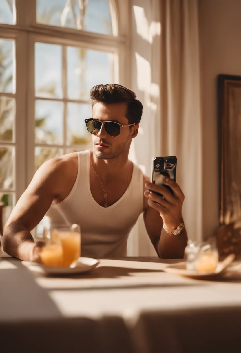 (best quality,highres,ultra-detailed,realistic:1.2),hyper-realistic photo of a handsome man in beachwear, wearing fashionable sunglasses, captured in a cozy and bright room. The man has short dark hair, and his captivating gaze is highlighted by beautiful detailed eyes and lips. He is holding an iPhone 14 in front of a mirror, where a photo of him is displayed. The room is bathed in warm golden hour light, creating a soothing and inviting atmosphere. The image has a film grain effect, reminiscent of vintage aesthetics, specifically mimicking the look of Kodak Portra 800 film. The composition follows the aspect ratio of 2:3, providing a balanced and visually pleasing frame.