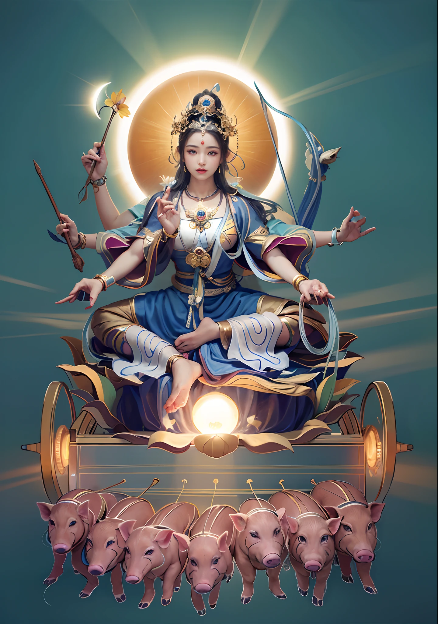 Beautiful woman sitting on a lotus in the car, ,(((Head background with round light))),Behind it is the sun,wearing a blue,Three-headed,In total, The arm has eight mudras,Barefoot on both feet,There are seven piglets pulling carts in front,goddess of love and peace, indian goddess of wealth, Heavenly Bodhisattva, goddess art, goddess of wisdom, an ancient Chinese goddess,photorealestic,professional photoshooting,Realiy,超高分辨率,tmasterpiece,