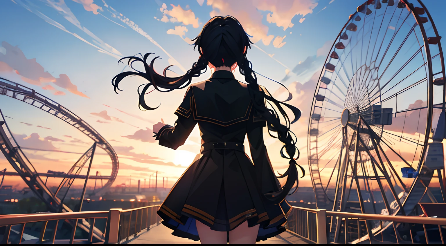 anime style photo of aera chand, anime girl in black outfit , anime style. 8k, anime girl wearing a black dress, stylized anime, anime set style, blue eyes, braided side hair, ponytail, long hair, black jacket, black shorts, black cape, in a theme park, in a amusement park, rollercoaster in the background, all rides in background, many people, all fun games in background, shot from behind, day, sunny day