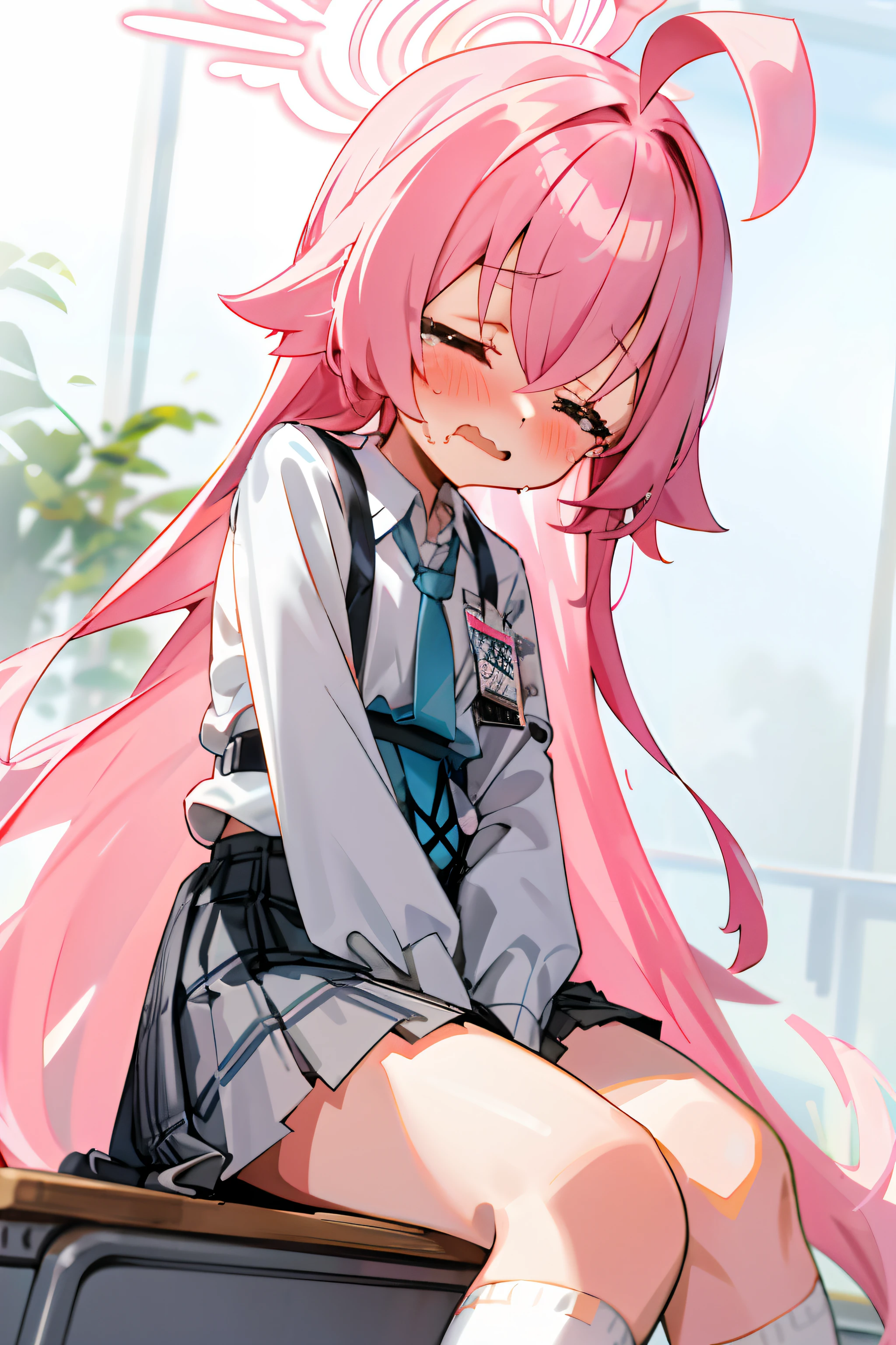 Hoshino (blue archive), 1 very long hair, girl in school uniform, miniskirt, pink hair, looking away, sitting and spreading crotch, embarrassed, blushing, crying, mouth closed, classroom