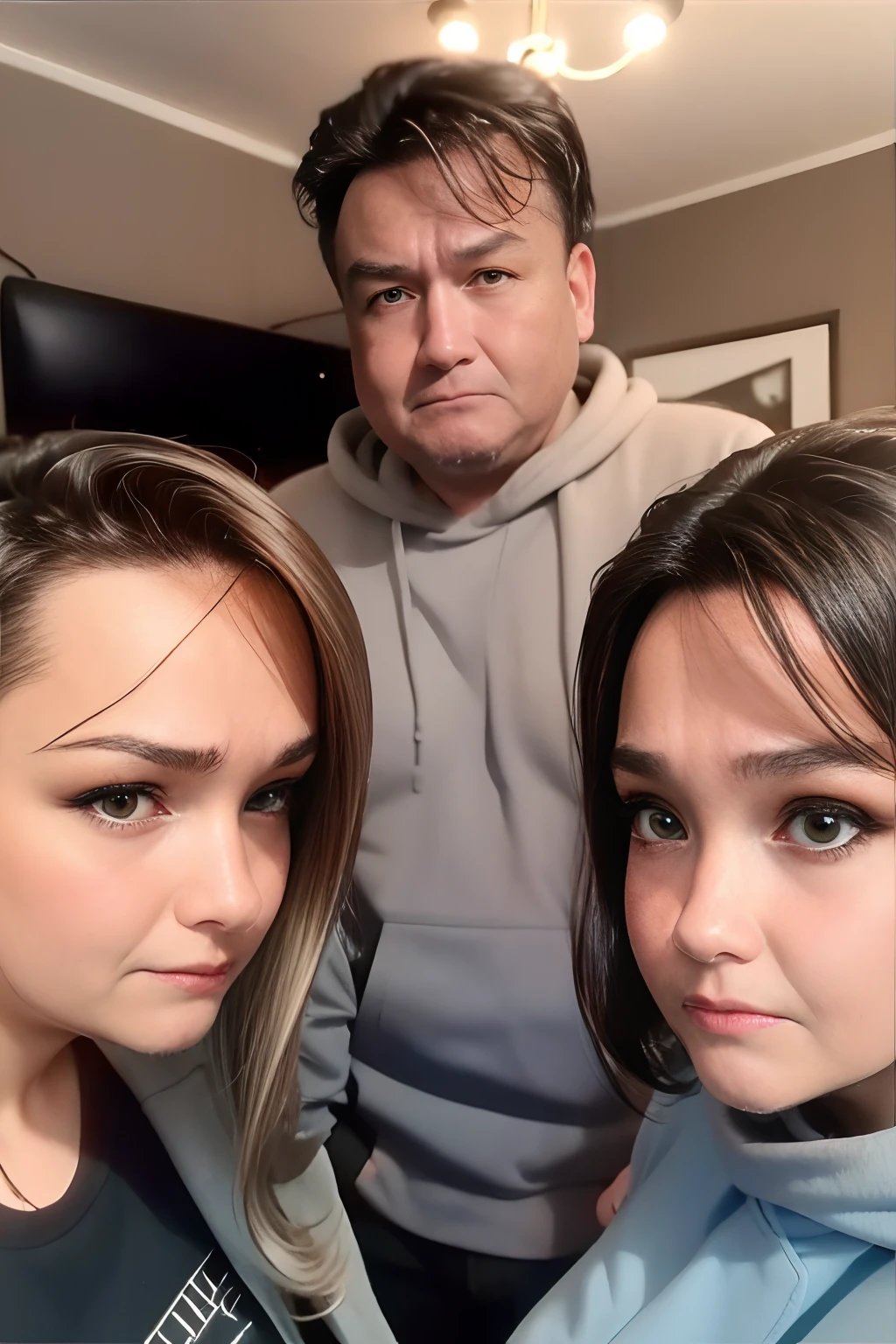 high quality, 8K, hyperdetailed, perfect face,
a man caught between the girls,