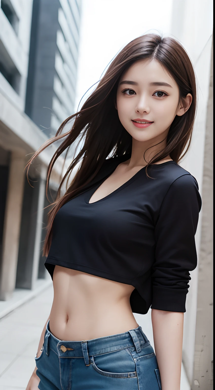 The 8k quality、Top image quality、超A high resolution、masterpiece、Photorealsitic、Raw photography、超A high resolution、21-year-old Korean、small tits、Dynamic angles、Cowboy Shots、smil、Laugh、The most beautiful forms chaos、elegent、Brutalist design、Vibrant colors、a short bob、smil、shiny white skin、Beautiful eyes with random colors、very thin lips、Beautiful eyes in every detail、Beautiful double eyelids、light chestnut hair、a park、Daytime outdoor、Overall、Black crop top、parka、hotpants、shot from a side angle、
