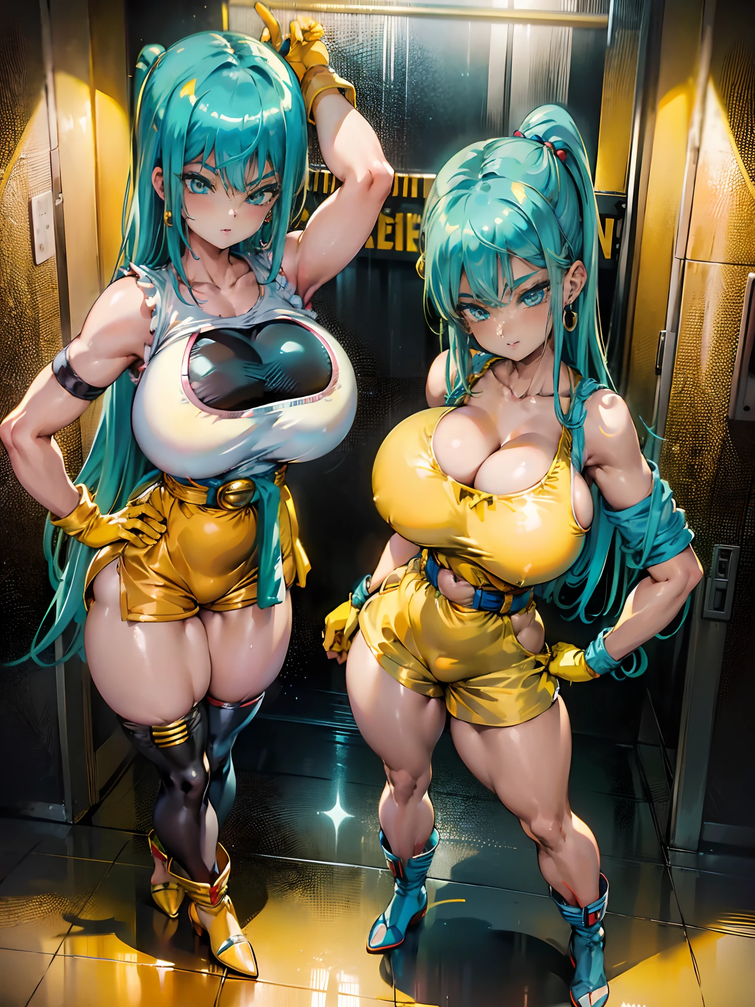 Masterpiece, curvy, waifu,belt, earrings, yellow legwear, jewelry, yellow leotard, yellow footwear, breasts, yellow bodysuit, hand on hip, covered nipples, yellow dress, rating:explicit, uncensored, thighhighs, yellow shorts, looking at viewer, bulma, ponytail, wristband, yellow gloves, collarbone, long hair, yellow pants, blue eyes, yellow shirt, shiny clothes, 2girls, aqua hair, cleavage, brown belt, ((((Bulma)))), buckle, cameltoe, multiple girls, shiny, belt buckle, medium breasts, yellow jacket, black belt, pouch, bare shoulders, shorts, large breasts, bangs, skin tight, blush, high ponytail, hands on hips, smile, parted lips, sleeveless, shiny hair, yellow swimsuit, covered navel, 1girl, aqua eyes, yellow vest, belt pouch, standing, blue hair, eyebrows visible through hair, boots