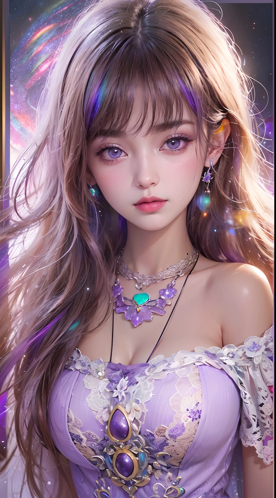 A beautiful and sexy 20-year-old girl, wearing a purple-blue dress ((long hair and bangs of seven mixed rainbow colors:1.2)), and jewelry. most detailed and beautiful hair, ((wearing purple lace necklace:1.6)), Super cute little face, very pretty face, thin eyebrows, flawless beautiful face, ((black eye pupils: 0.8)), very beautiful eyes, ((brown eyes:1.4)), beautiful makeup and detailed eyelashes, high nose, earrings, red lips, ((closed mouth:1;5 )) beautiful lips, slim hands, most beautiful thighs, ((arms spread to the sides: 1.5)), rosy face, clean face, beautiful flawless face, smooth white skin, (big breasts:1.5)), ((protruding breasts: 1.5)), Plump breasts, beautiful cleavage, ((big and super round breasts: 1.8))), ((super tight breasts:1.5)), beautiful breasts, arms behind, upper body beautiful girl, 8k photo, super high quality, super realistic, 10x super pixel, real photo, dark studio, light border, two - tone light color, (high detail skin:1.2), super 8k, soft light , high quality, volumetric lighting, realistic, Photo, high resolution, lighting, best photo, 4k, 8k quality, blur effect, Smooth and sharp, 10x pixels, (galaxy:1.7), aurora, lightning, surreal graphics, most realistic graphics, alone, solo, Extremely sharp, surreal images, (((frontal portrait:1.2)))."