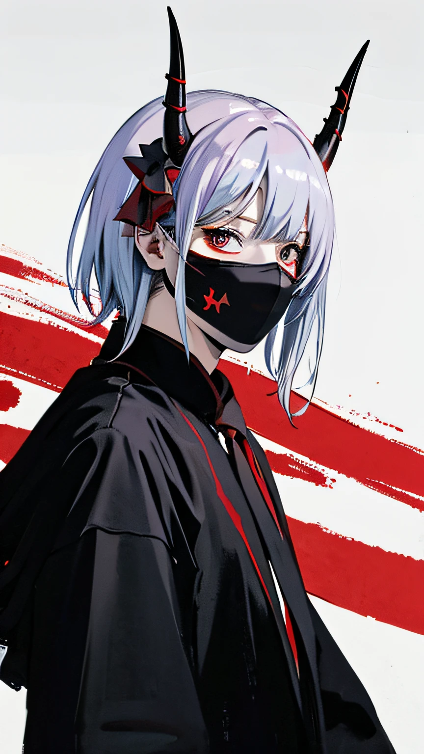 arafed image of a man sporting a mask with red devil horns, horns, wearing an all-black mempo mask, demon horns, with black horns in place of ears, devil horns, horns and red eyes, oni horns, demon boy, spooky filter, small horns, demon horn, inspired by Xi Gang, cute horns, and black horns.