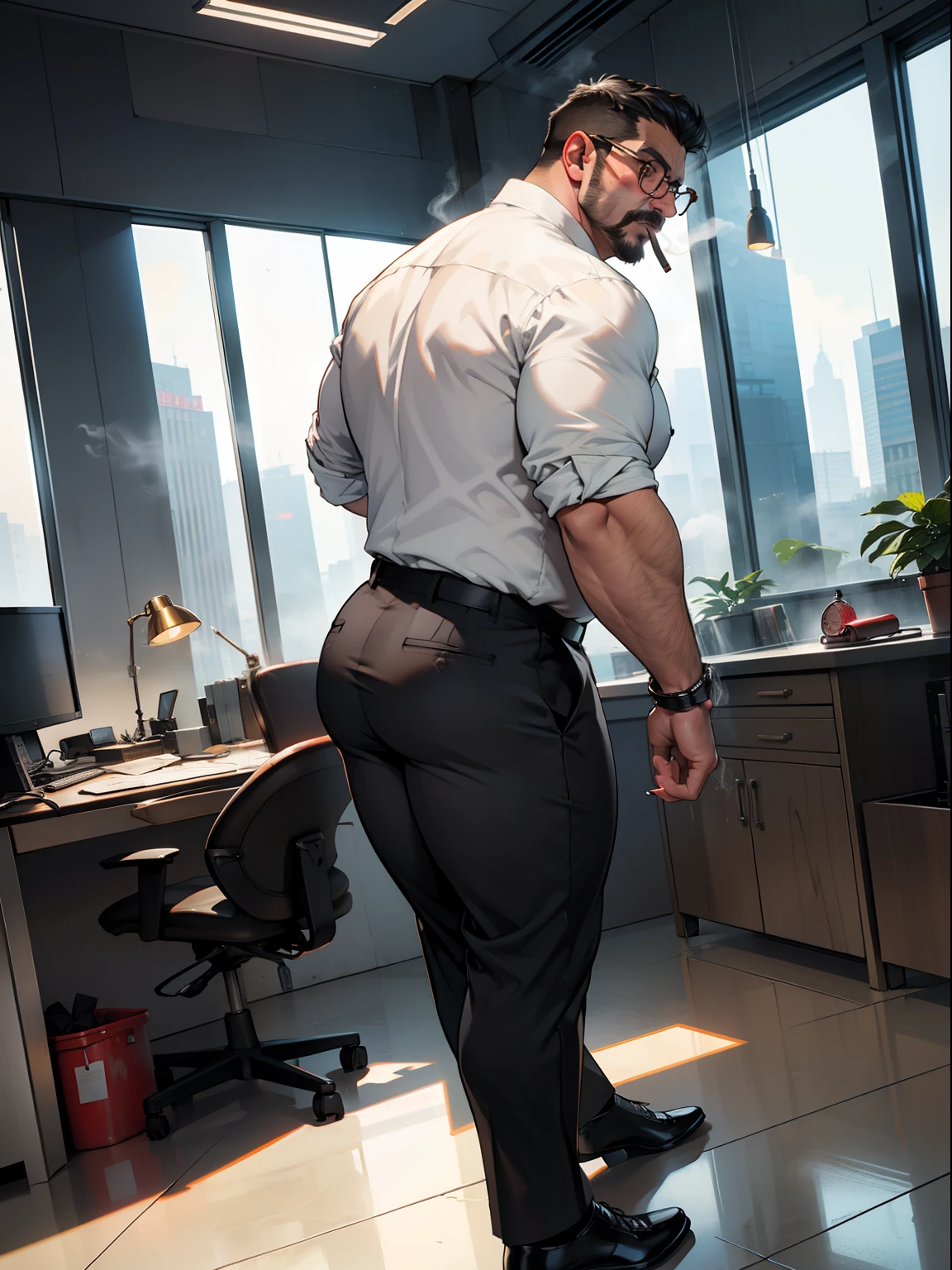 NSFW,​masterpiece,top-quality,Fat man smoking cigarette,posterior view,Looks Back,Fat,well-muscled,I have a big stomach,Face is large,A dark-haired,short-haired,mustache,eye glasses,Wearing a white Y-shirt,Butt out、Black slacks,Gold Bracelet,Leather shoes,troubled look,Red face,Sweating,Wet,Large windows overlooking the skyscraper,s Office,Marble floor,Steaming,full body seen,low angles