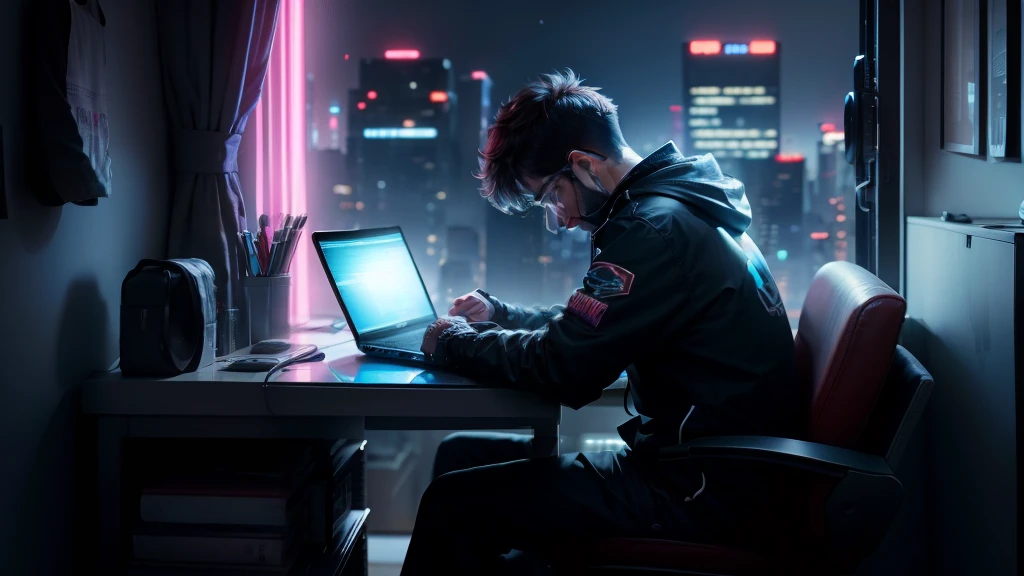 (8K,best qualtiy,Mobile wallpaper scale),(A programmer leans against a table next to his bed and types code,Outside the window, You can see colorful cyberpunk cities,The room was well stocked with furniture、clothings、electronic product