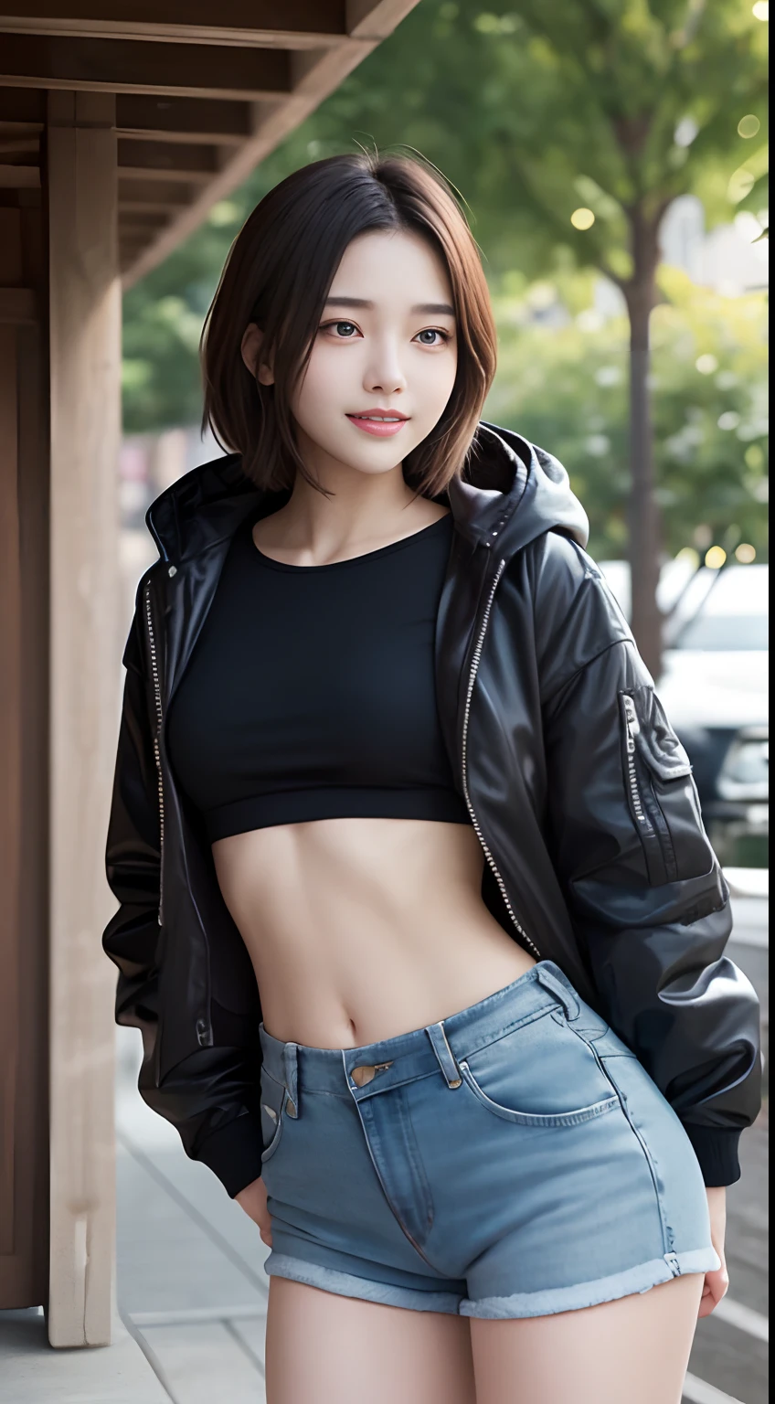 girl with pink eyes and a black jacket, grinning evily, long flaxen hair、sayori, Junko Enoshima, Gapmoe Yandere, Anatomically perfect limbs、well-muscled、abdominals