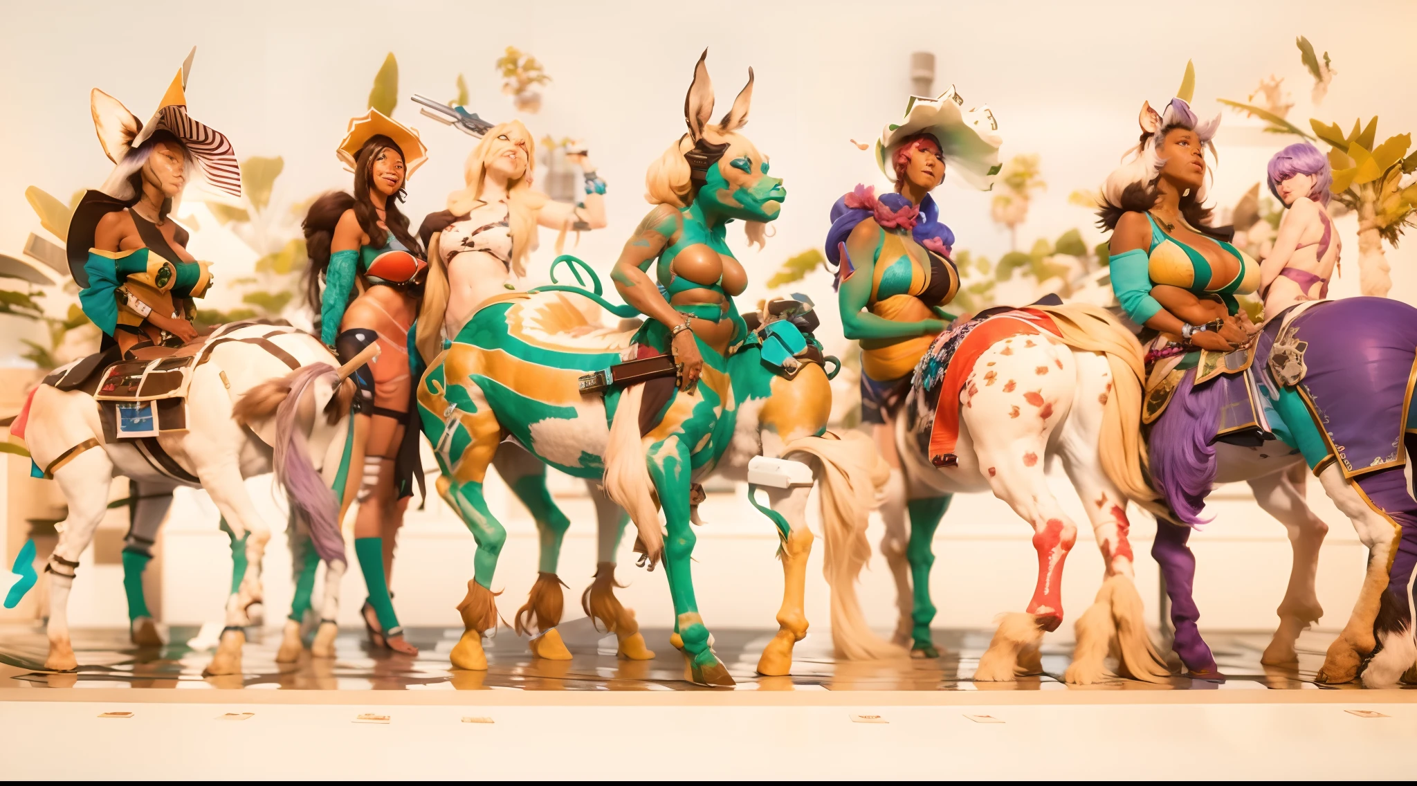 In the beautiful illustration of this super-grand scene,The ultra-distant lens shows us(Over eight separate and distinctive centaur characters:9.9),They all have their own characteristics,Vivid and interesting。Radiant from the heavens(Angelic centaurs:6.6),To nightmarish is(Centaurs surrounded by flames:6.6)、And then to the wind dancing in the air(Fairy centaurs:6.6)、And thunder and lightning surrounding(One-horned centaur:6.6),and shining metallic ones(Mechanical style centaur:6.6)、And then(A centaur with colorful dragon scales covering the whole body:6.6)The power is powerful、Elegant and agile(Elf centaur's slenderness:6.6)Gracefully wears a flower crown、Enchanting and charming(Tiflin centaurs:6.6)、Have the indescribable(Raised sexy:6.6)'s(Succubus centaurs:6.6)。Each character has their own unique charms and abilities。The illustration uses advanced artistic techniques and tools,(Use nesting、woven、stitching、ssee-through、arrange、grouping、Storyboards and other methods,Divide the scene into sections by geometric arrangement:9.9),Each section corresponds to a centaur character,This makes more efficient use of space。Through Midjourney's advanced brush tools、Color palette、Material packs and model packs、Texture tools,For each centaur, beautiful props are designed to increase racial characteristics、Clothing and physical features,(Enhances the character's personality and visual appeal:2.5),The scenery in the illustrations is stunning,There are changing skies、rainbowing、extreme light、Stars and Moon。Incorporating iconic landmarks such as Mount Everest,and fireworks、tranquil lake、Natural and urban elements of waves and neon lights,Creates a magical atmosphere,The centaurs display their unique abilities and equipment in a variety of environments,This is true even in extreme alien landscapes。(Use Midjourney's tools、Material packs、Texture tools、The color palette makes depicting details vivid and realistic:9.9),From complex hairstyles and as well as different racial traits、Body、Ap