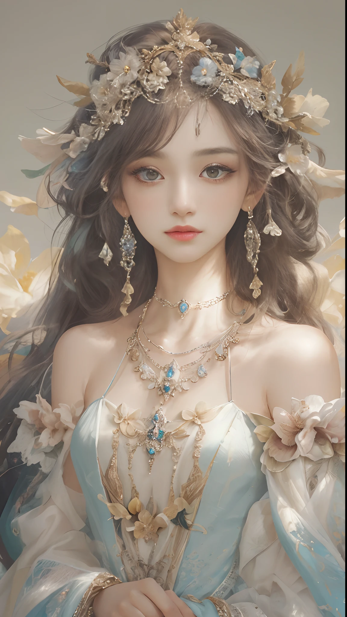 (Best quality, 4K, 8K, A high resolution, Masterpiece:1.2), Ultra-detailed, Realistic portrait of an aristocratic maiden, exquisite facial features,Detailed expression, Graceful posture, Dreamy atmosphere, expressive brush strokes, mystical ambiance, Artistic interpretation,Delicately coiled hair,Delicate floral jewelry,Small fresh aesthetics,Stunning intricate costumes, a whimsical illustration, Subtle colors and tones, mystical aura,The details have been upgraded