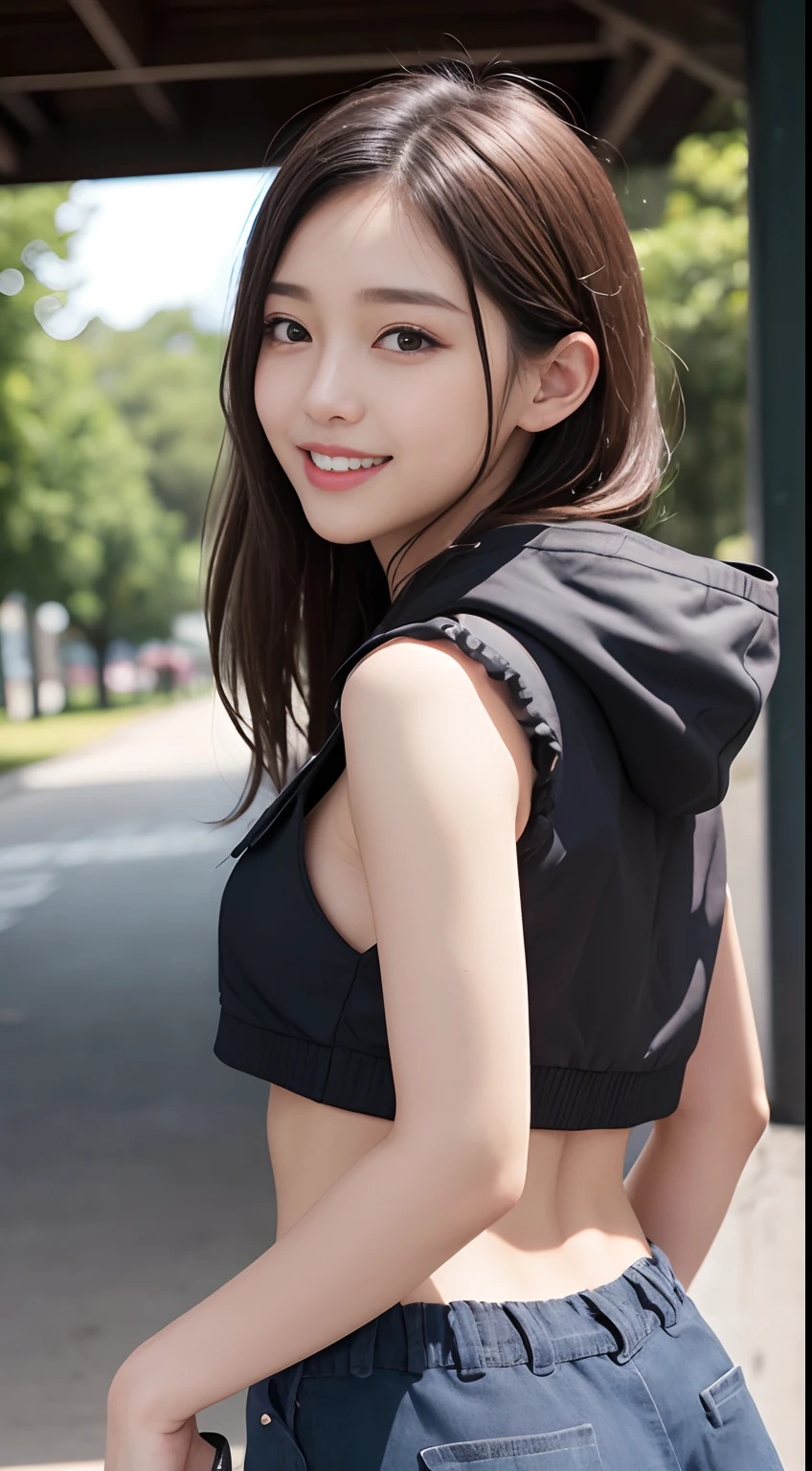 The 8k quality、Top image quality、超A high resolution、masterpiece、Photorealsitic、Raw photography、超A high resolution、21-year-old Korean、small tits、Dynamic angles、Cowboy Shots、smil、Laugh、The most beautiful forms chaos、elegent、Brutalist design、Vibrant colors、a short bob、smil、shiny white skin、Beautiful eyes with random colors、very thin lips、Beautiful eyes in every detail、Beautiful double eyelids、light chestnut hair、a park、Daytime outdoor、Overall、Black crop top、parka、hotpants、shot from a side angle、