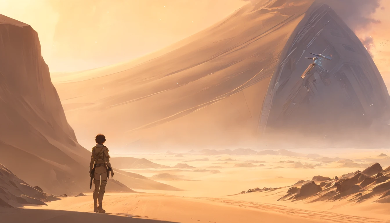 Dune Concept Art,Clean and tidy tones,Sci-fi basic scenes,Huge scenes,Complexes of square shape,Soviet aesthetic architecture,Huge building,There are many ships in the air,Size Contrast,crowd of,Soldier vs. Soldier,The big scene of the war,smog,Epic Concept Art,Fine 8K,Bray,Wasteland Science Fiction