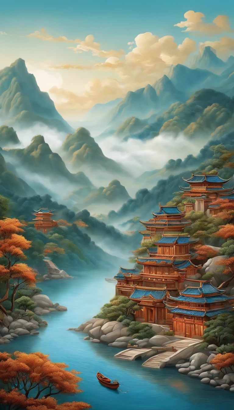 Chinese illustration on blue background, Auspicious clouds, 16k, 。.3D, Pastel, ravine stream, boat, pines, mountain ranges, Many houses, Many ancient buildings, multi dimensional paper quilling, Tunnel composition, Warm light, hyper HD, Elevation perspective,Ultra photo realsisim, morandi color, Exquisite details, Broad perspectives, Epic detail