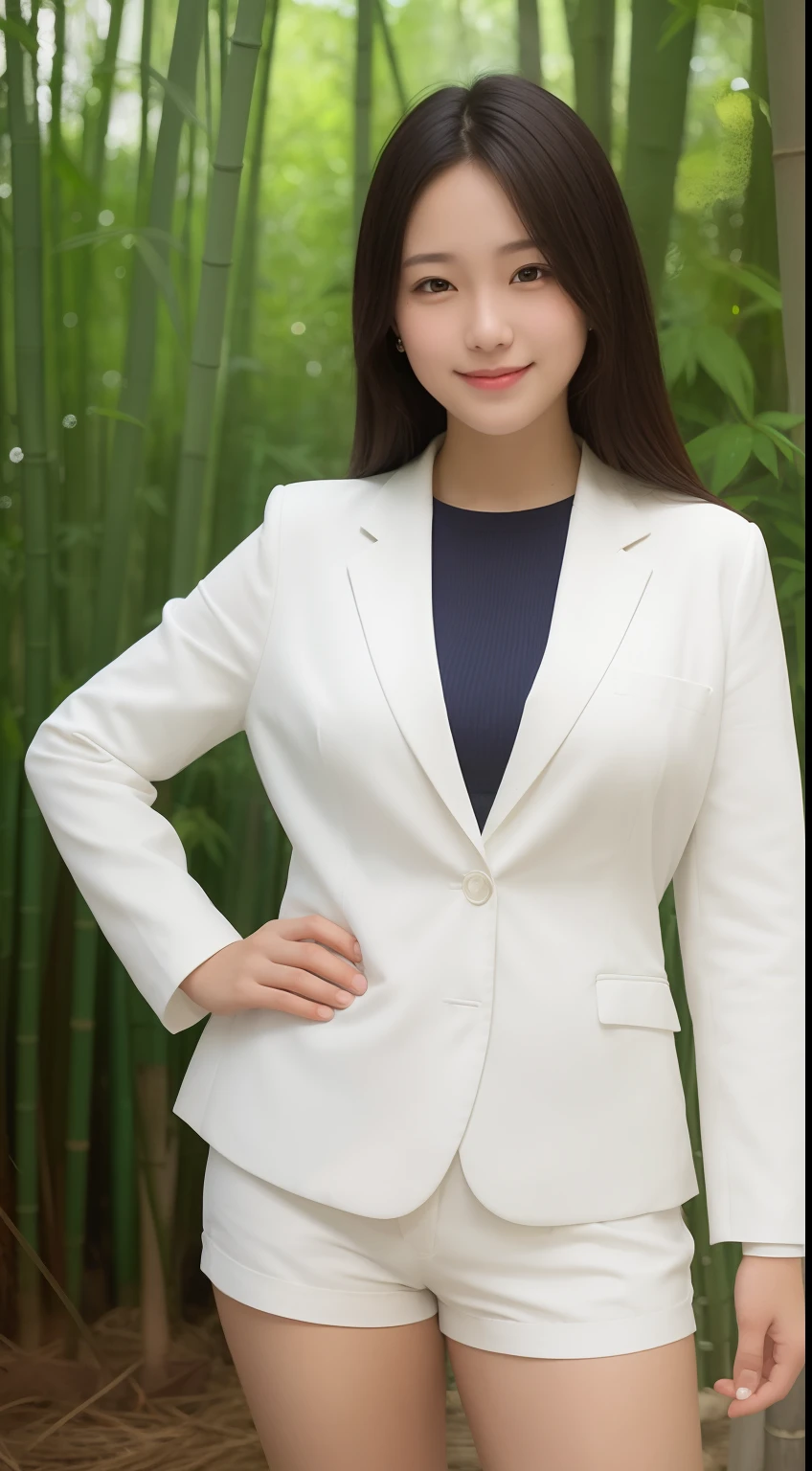 A smiling girl,While wearing a white Business suits,Super short blue denim shorts,Standing in a bamboo forest,com rosto detalhado,The eyes are delicate,The photo quality is the best,Realistic image quality,Background diffuse lighting,Depth of field display。