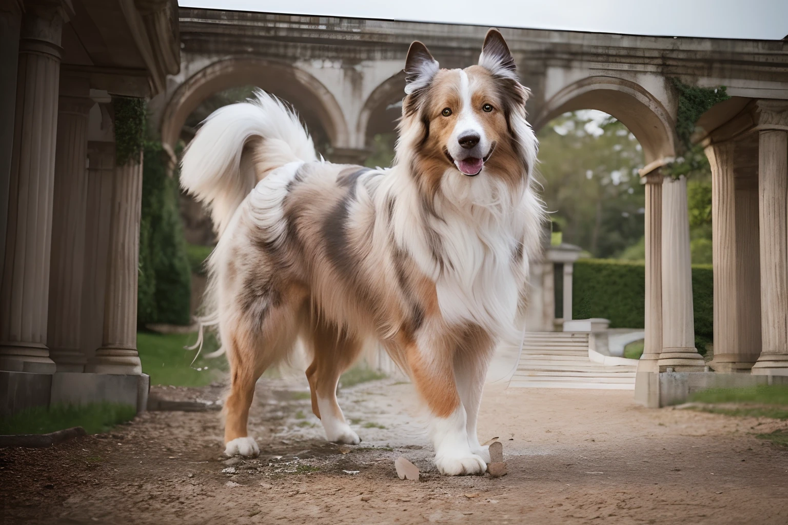 dog is standing in a baroque palace garden half dog, aussie, canine, nag, extremely handsome, regal pose, adult dog, long wavy fur, 2 , portrait image, border collie, fluffy ears and a long, mid shot portrait, large portrait, happy dog, medium breed, ultra realistic, high details, high definition