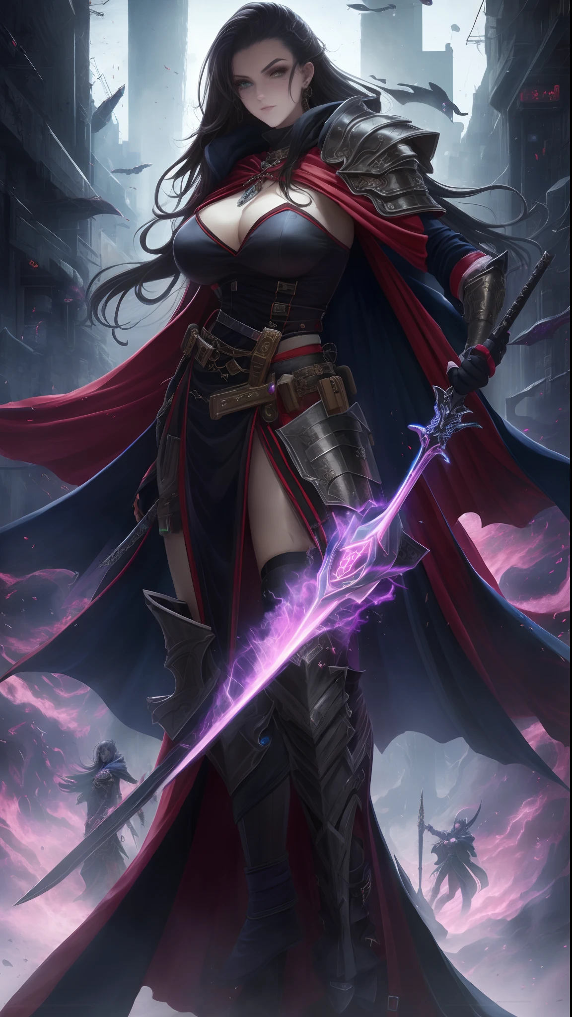 nijistyle,rfktr_technotrex,cyberpunk (sorceress:1.2) casting spells wearing armor, robes, cape, blend fantasy and science fiction together, techno-mancer inspired by D&D, Shadowrun, forgotten realms, wizards of the sword coast, fantasy flight,fcPortrait