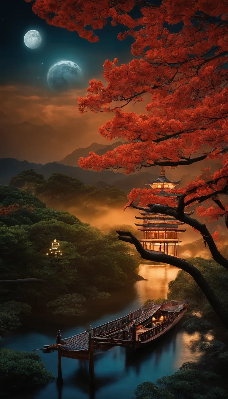 themoon，Moon cake，flod，das boot，Kongming Lantern，The tree