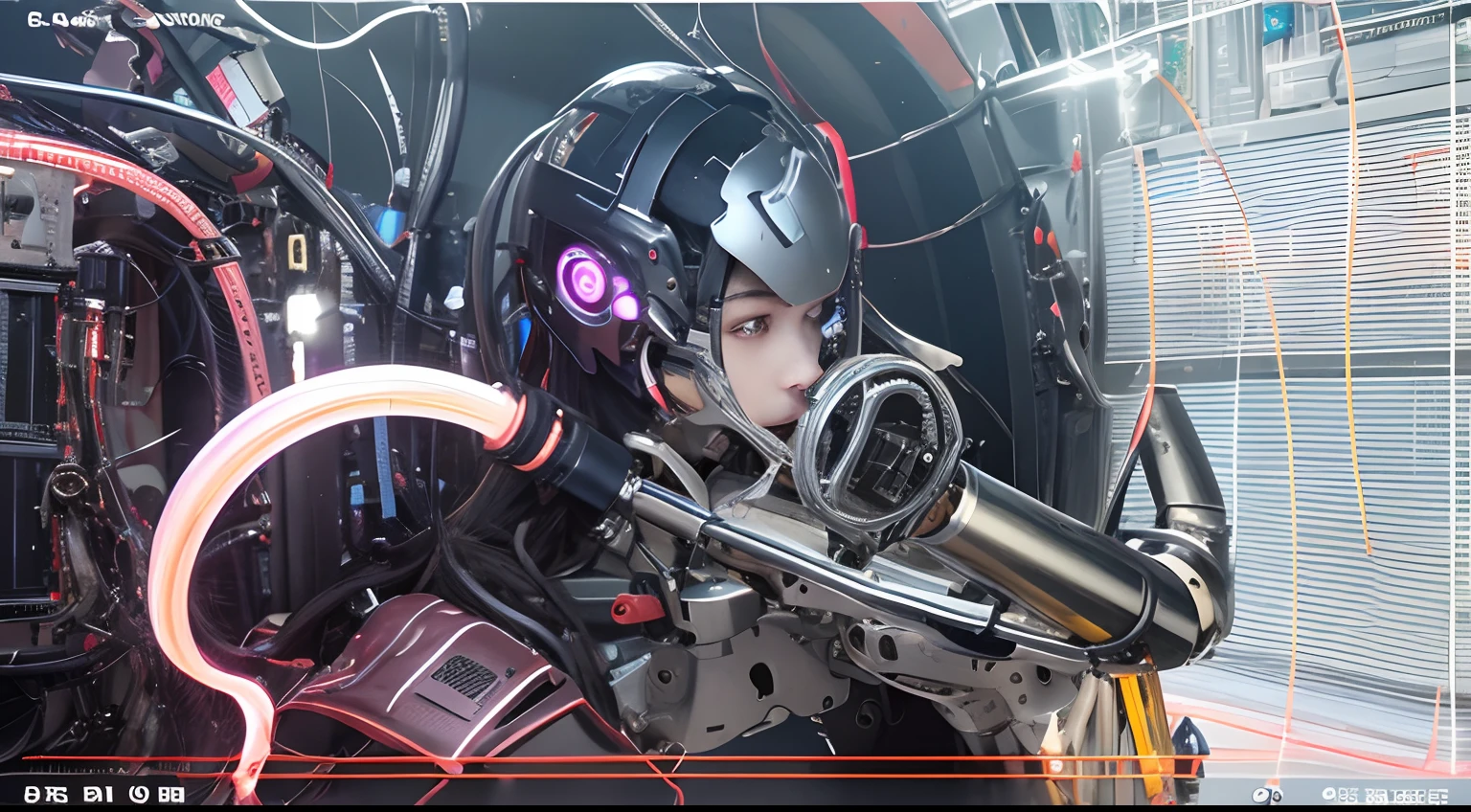 high high quality, tmasterpiece, 超高分辨率, (Photorealsitic: 1.4), RAW photogr, 1 rapariga,whaite hair, Glow skin, 1 Mechanical Girl, (hyper realistic detailed)), sportrait, globalillumination, shadowing, rendering by octane, 8K, Super sharp,The groove exposes the original skin, metals, Intricate decorative details, Japanese details, very complex details, realistic raytraicing, CGSoation trends, a purple eye, glowing light eyes, facing at the camera, neon light detail、Mechanical limb、The blood vessels that connect the tubes、Mechanical vertebrae connected to the back、Mechanical cervical connection of the neck、Sit Pose、Wire and cable connecting the head、Up、Small LED light、