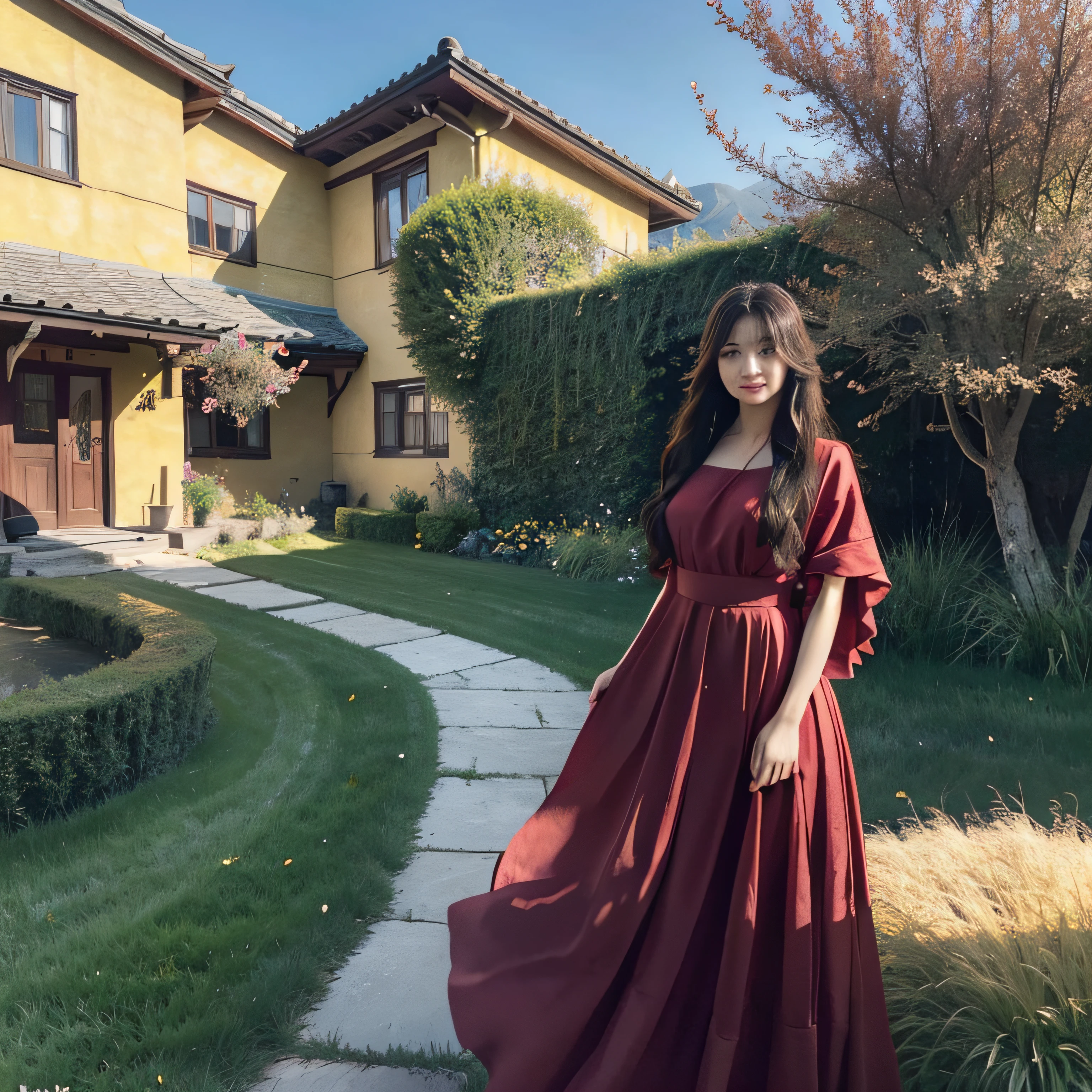 The style of painting is quiet、The light is yellow. Home is a distant mountain々Surrounded by, And the willows in the courtyard sway in the wind. Layers of light red curtains、Add a bit of mystery to the deep scenery, The woman is alone, Her long hair is scattered at will, And her figure looms, With a faint smile.